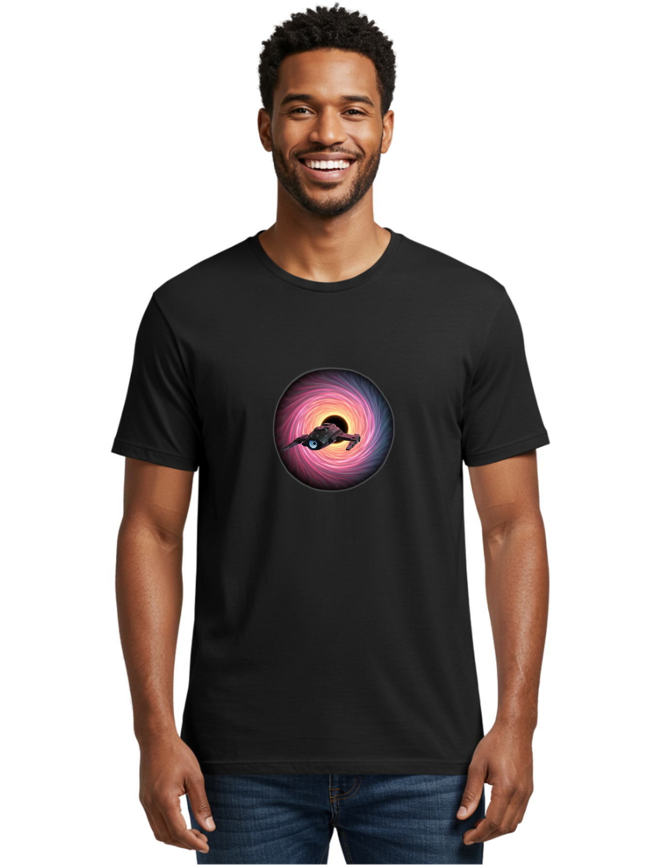 Spaceship-Flying-Into-Swirling-Vortex Men'S Graphic Tee, 100% Cotton, Comfortable Casual Summer Wear, Machine Washable, Spaceship In A Vortex, Black Hole, Pink And Purple Swirl, Sci-Fi Scene, Futuristic, Space Travel, Intergalactic Journey, Bad675