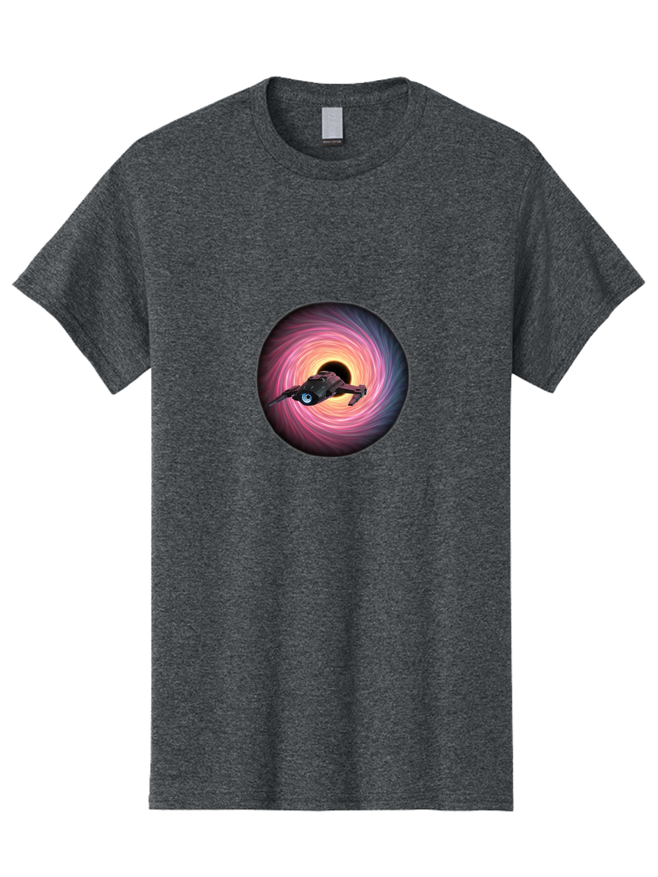 Spaceship-Flying-Into-Swirling-Vortex Men'S Graphic Tee, 100% Cotton, Comfortable Casual Summer Wear, Machine Washable, Spaceship In A Vortex, Black Hole, Pink And Purple Swirl, Sci-Fi Scene, Futuristic, Space Travel, Intergalactic Journey, Bad675