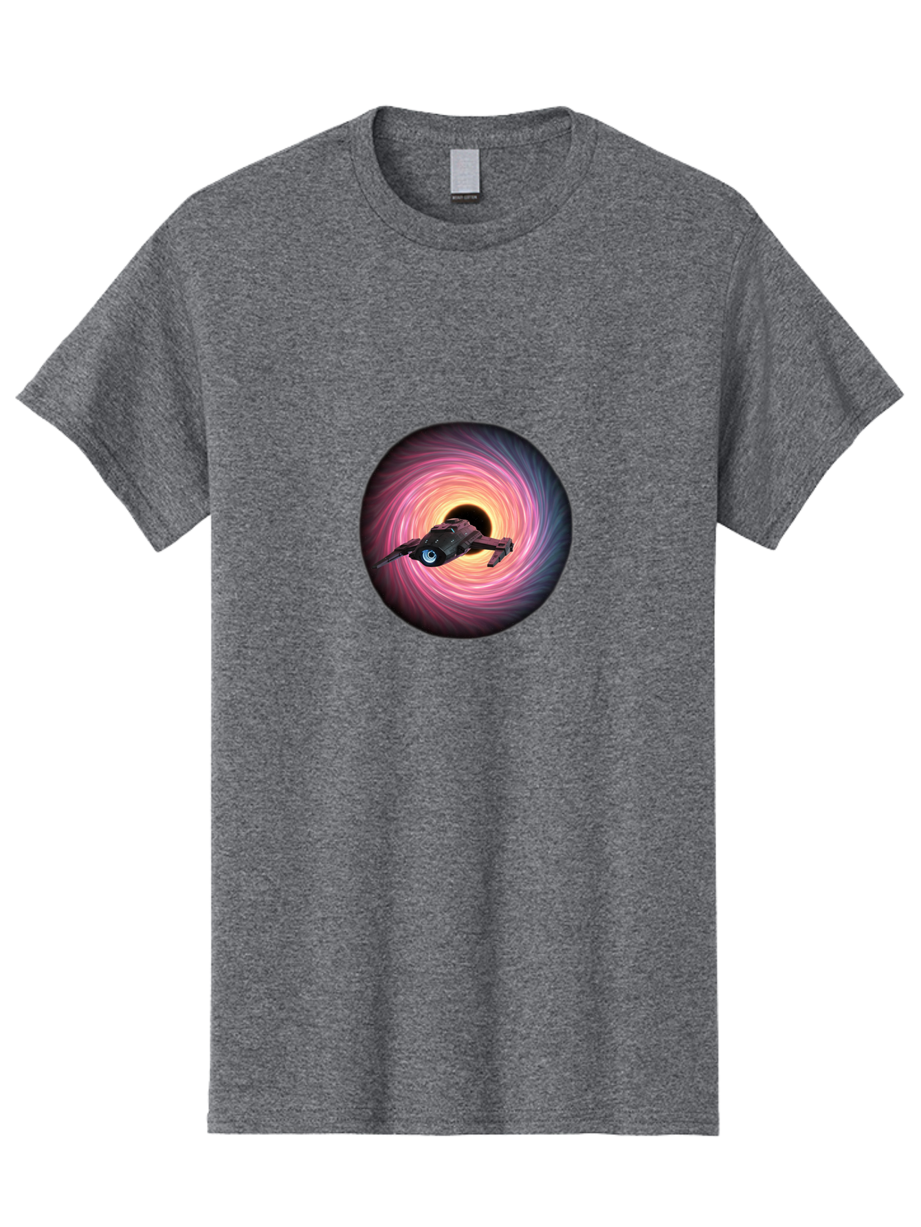 Spaceship-Flying-Into-Swirling-Vortex Men'S Graphic Tee, 100% Cotton, Comfortable Casual Summer Wear, Machine Washable, Spaceship In A Vortex, Black Hole, Pink And Purple Swirl, Sci-Fi Scene, Futuristic, Space Travel, Intergalactic Journey, Bad675
