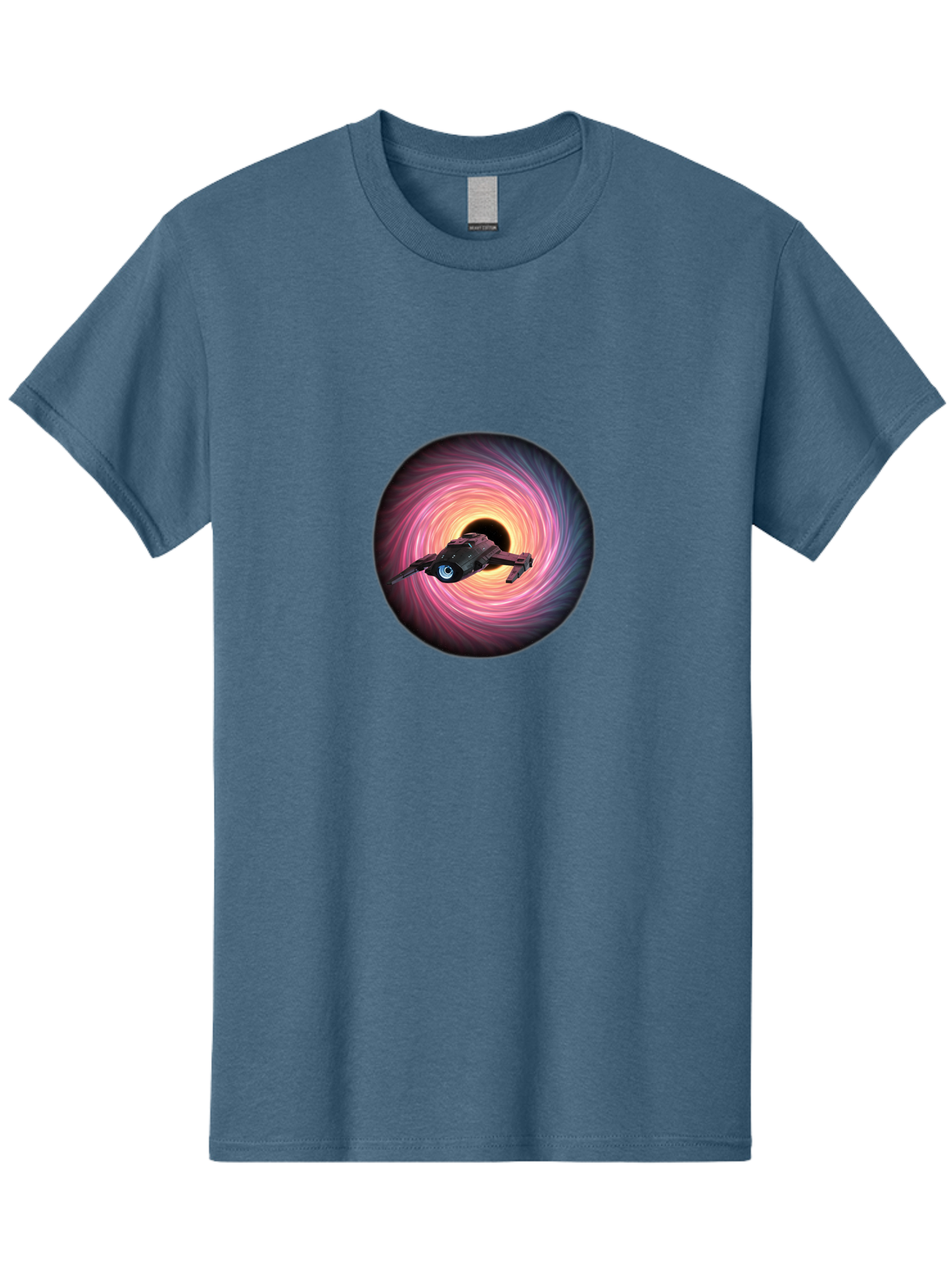 Spaceship-Flying-Into-Swirling-Vortex Men'S Graphic Tee, 100% Cotton, Comfortable Casual Summer Wear, Machine Washable, Spaceship In A Vortex, Black Hole, Pink And Purple Swirl, Sci-Fi Scene, Futuristic, Space Travel, Intergalactic Journey, Bad675
