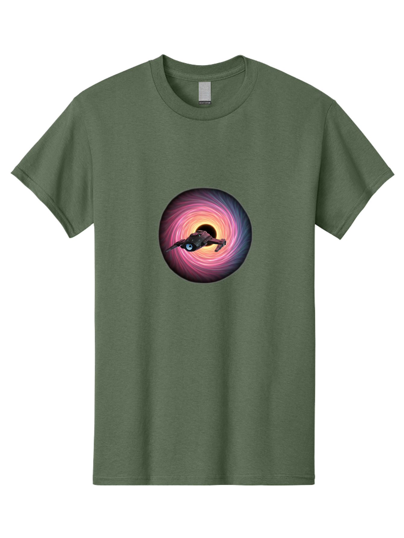 Spaceship-Flying-Into-Swirling-Vortex Men'S Graphic Tee, 100% Cotton, Comfortable Casual Summer Wear, Machine Washable, Spaceship In A Vortex, Black Hole, Pink And Purple Swirl, Sci-Fi Scene, Futuristic, Space Travel, Intergalactic Journey, Bad675