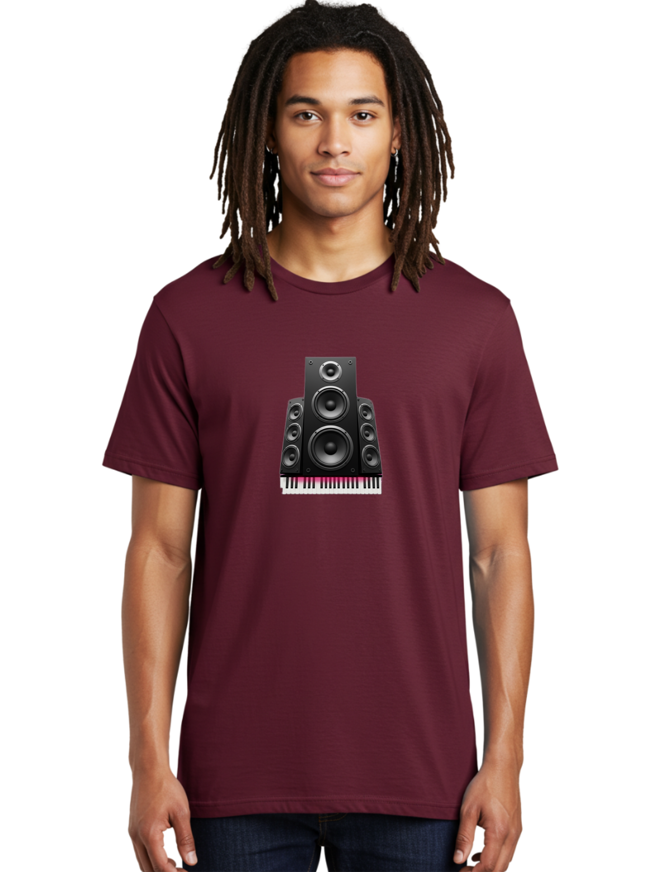 Speakers-And-Piano-Keys Men'S Graphic Tee, 100% Cotton, Comfortable Casual Summer Wear, Machine Washable, Speaker System, Audio Equipment, Sound Technology, Music Production, Home Theater, Sound Waves, Music Keys, Piano Keyboard, Bad677