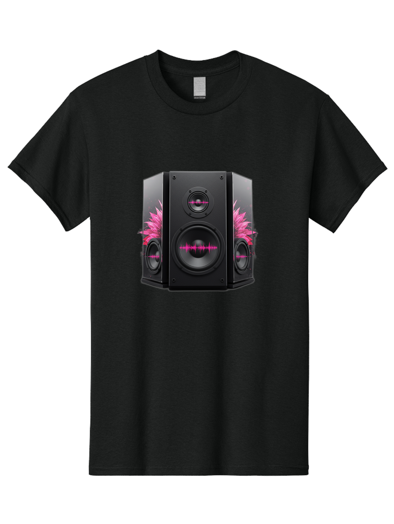 Speakers-With-Pink-Sound-Waves Men'S Graphic Tee, 100% Cotton, Comfortable Casual Summer Wear, Machine Washable, High-Quality Sound Systems, Sleek Designs, Speaker Customization, Vibrant Pink Graphics, Music Technology, Sound Waves Bad678