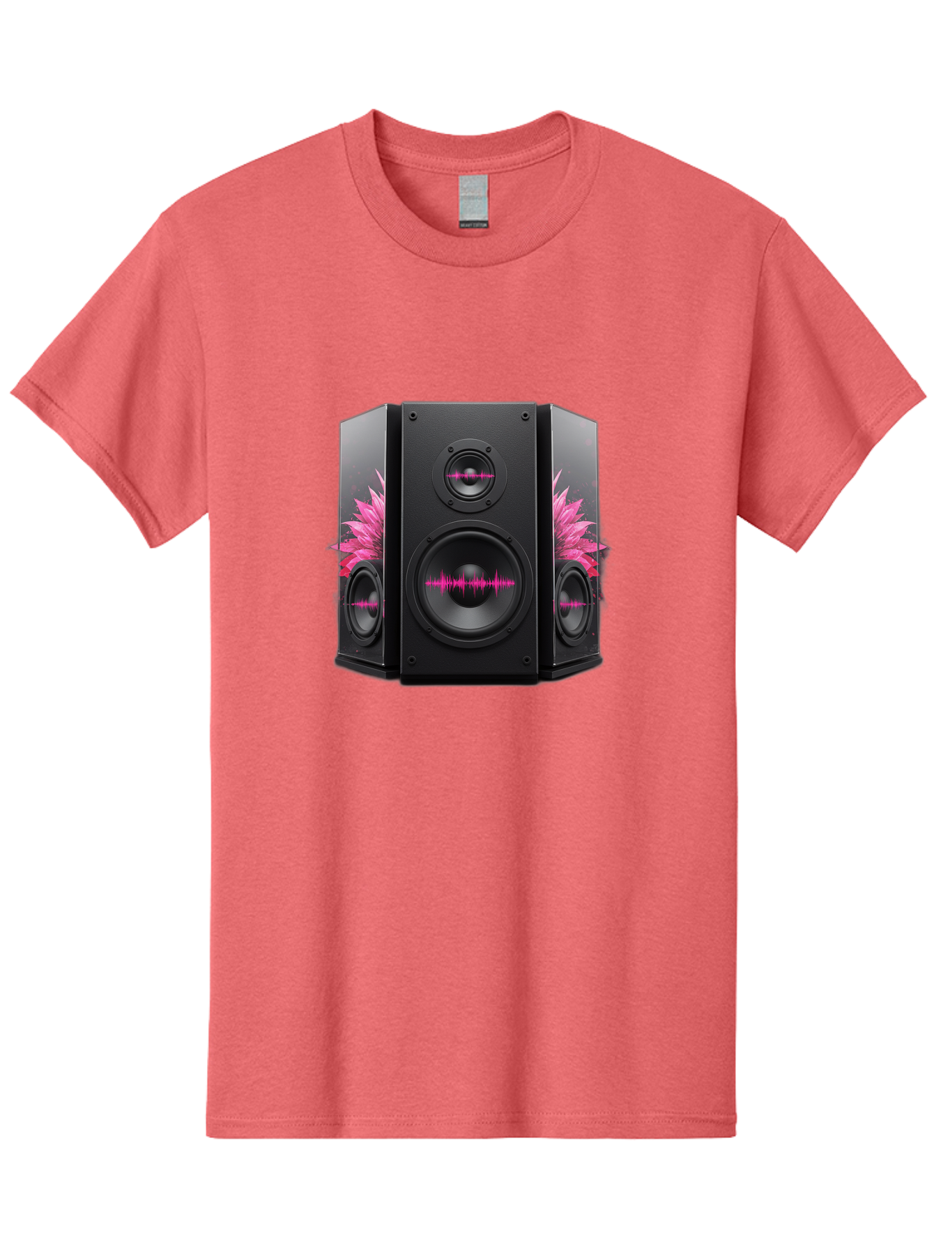 Speakers-With-Pink-Sound-Waves Men'S Graphic Tee, 100% Cotton, Comfortable Casual Summer Wear, Machine Washable, High-Quality Sound Systems, Sleek Designs, Speaker Customization, Vibrant Pink Graphics, Music Technology, Sound Waves Bad678