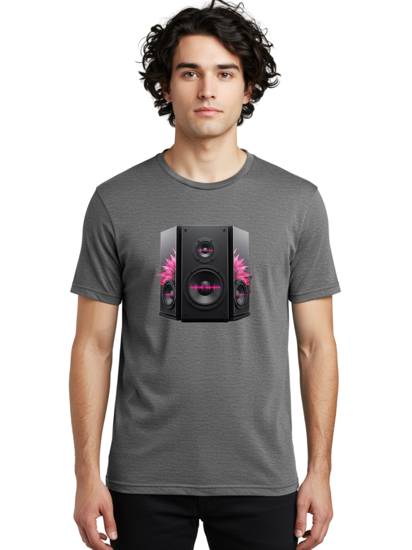 Speakers-With-Pink-Sound-Waves Men'S Graphic Tee, 100% Cotton, Comfortable Casual Summer Wear, Machine Washable, High-Quality Sound Systems, Sleek Designs, Speaker Customization, Vibrant Pink Graphics, Music Technology, Sound Waves Bad678