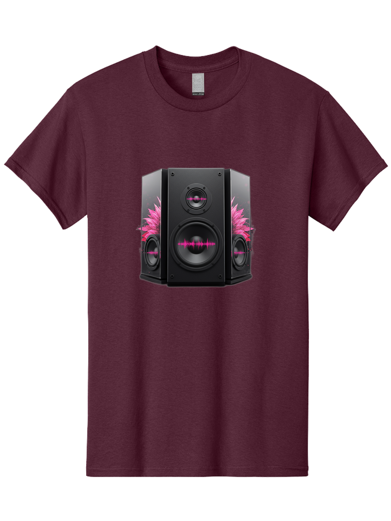 Speakers-With-Pink-Sound-Waves Men'S Graphic Tee, 100% Cotton, Comfortable Casual Summer Wear, Machine Washable, High-Quality Sound Systems, Sleek Designs, Speaker Customization, Vibrant Pink Graphics, Music Technology, Sound Waves Bad678