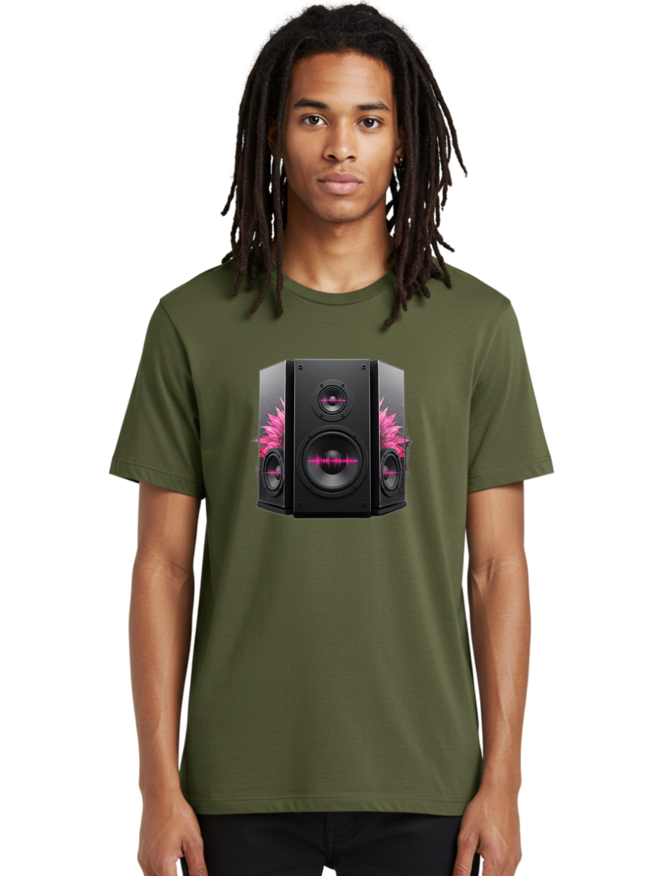 Speakers-With-Pink-Sound-Waves Men'S Graphic Tee, 100% Cotton, Comfortable Casual Summer Wear, Machine Washable, High-Quality Sound Systems, Sleek Designs, Speaker Customization, Vibrant Pink Graphics, Music Technology, Sound Waves Bad678
