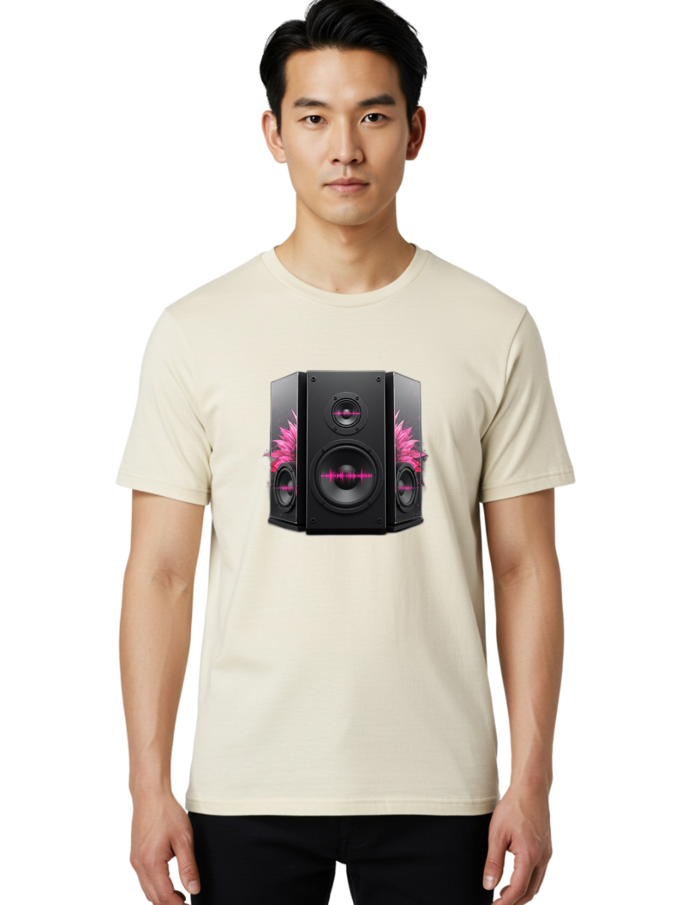 Speakers-With-Pink-Sound-Waves Men'S Graphic Tee, 100% Cotton, Comfortable Casual Summer Wear, Machine Washable, High-Quality Sound Systems, Sleek Designs, Speaker Customization, Vibrant Pink Graphics, Music Technology, Sound Waves Bad678