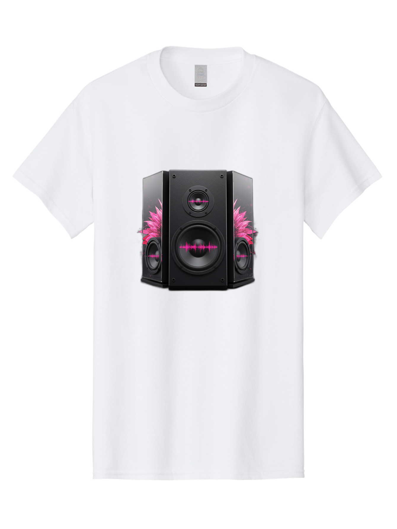 Speakers-With-Pink-Sound-Waves Men'S Graphic Tee, 100% Cotton, Comfortable Casual Summer Wear, Machine Washable, High-Quality Sound Systems, Sleek Designs, Speaker Customization, Vibrant Pink Graphics, Music Technology, Sound Waves Bad678