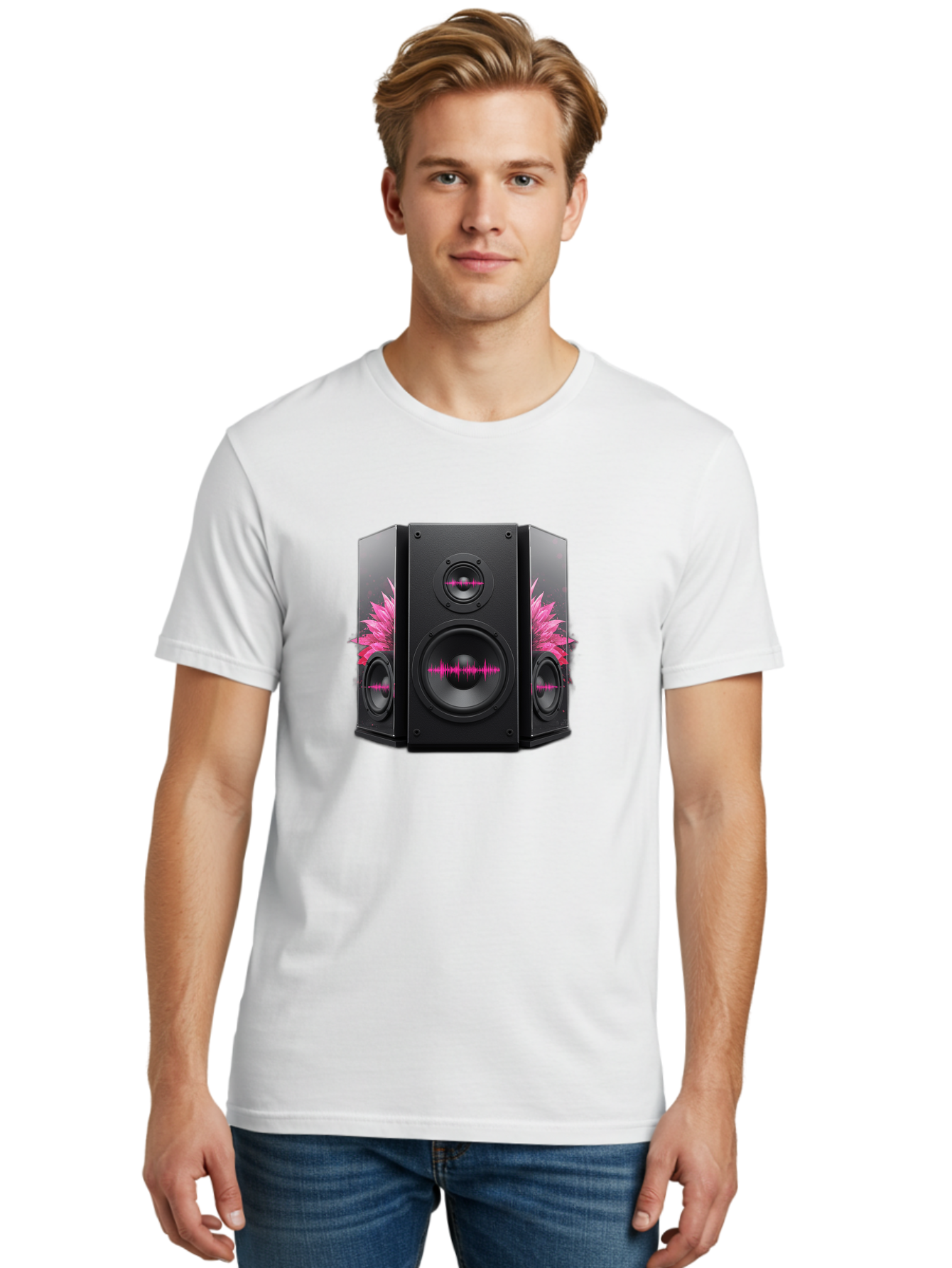 Speakers-With-Pink-Sound-Waves Men'S Graphic Tee, 100% Cotton, Comfortable Casual Summer Wear, Machine Washable, High-Quality Sound Systems, Sleek Designs, Speaker Customization, Vibrant Pink Graphics, Music Technology, Sound Waves Bad678