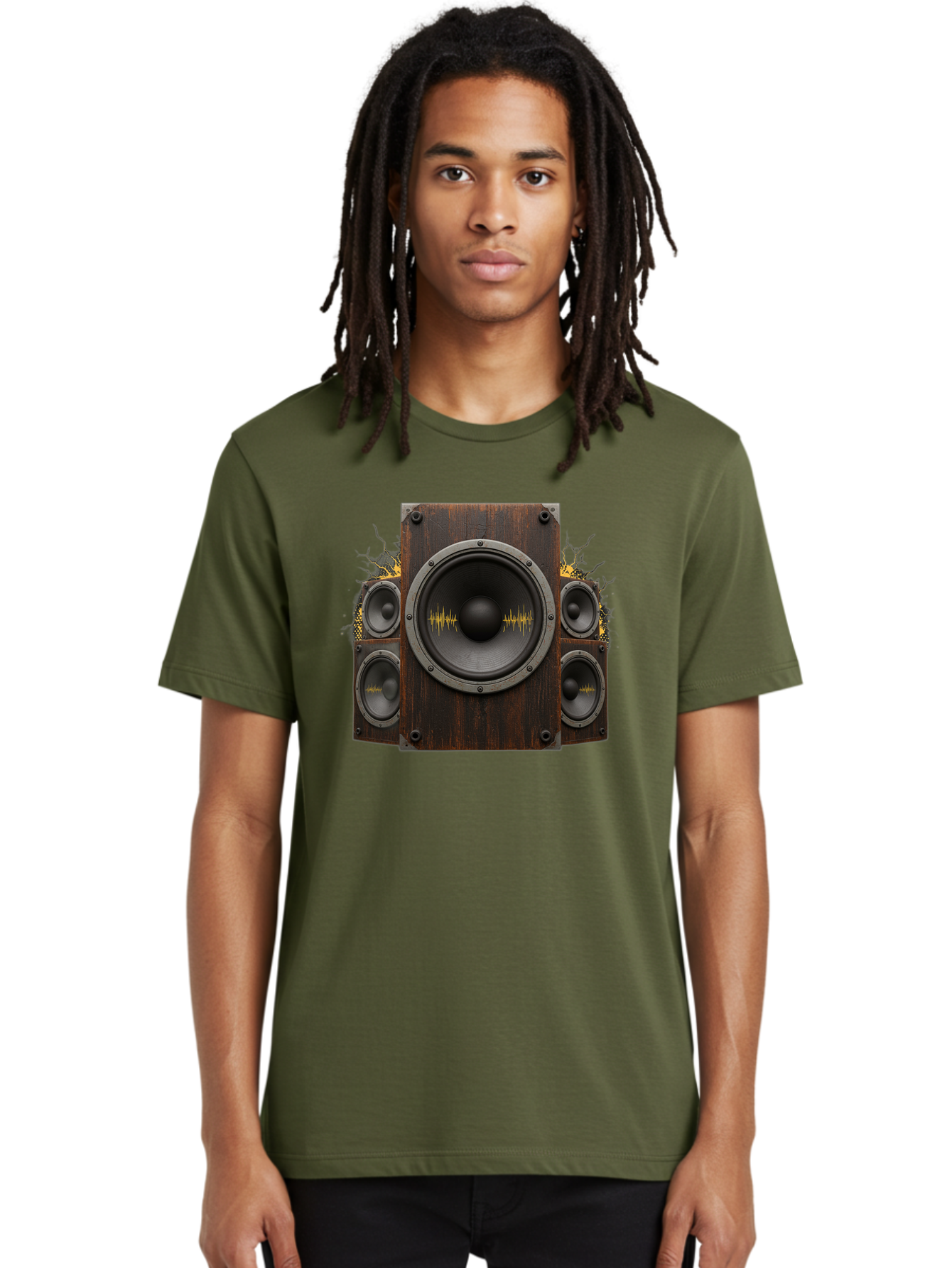 Speakers-With-Soundwaves Men'S Graphic Tee, 100% Cotton, Comfortable Casual Summer Wear, Machine Washable, Wooden Speakers, Sound Waves, Audio Equipment, Music Technology, Sound System, Vibrant Sound, Dynamic Audio Bad679