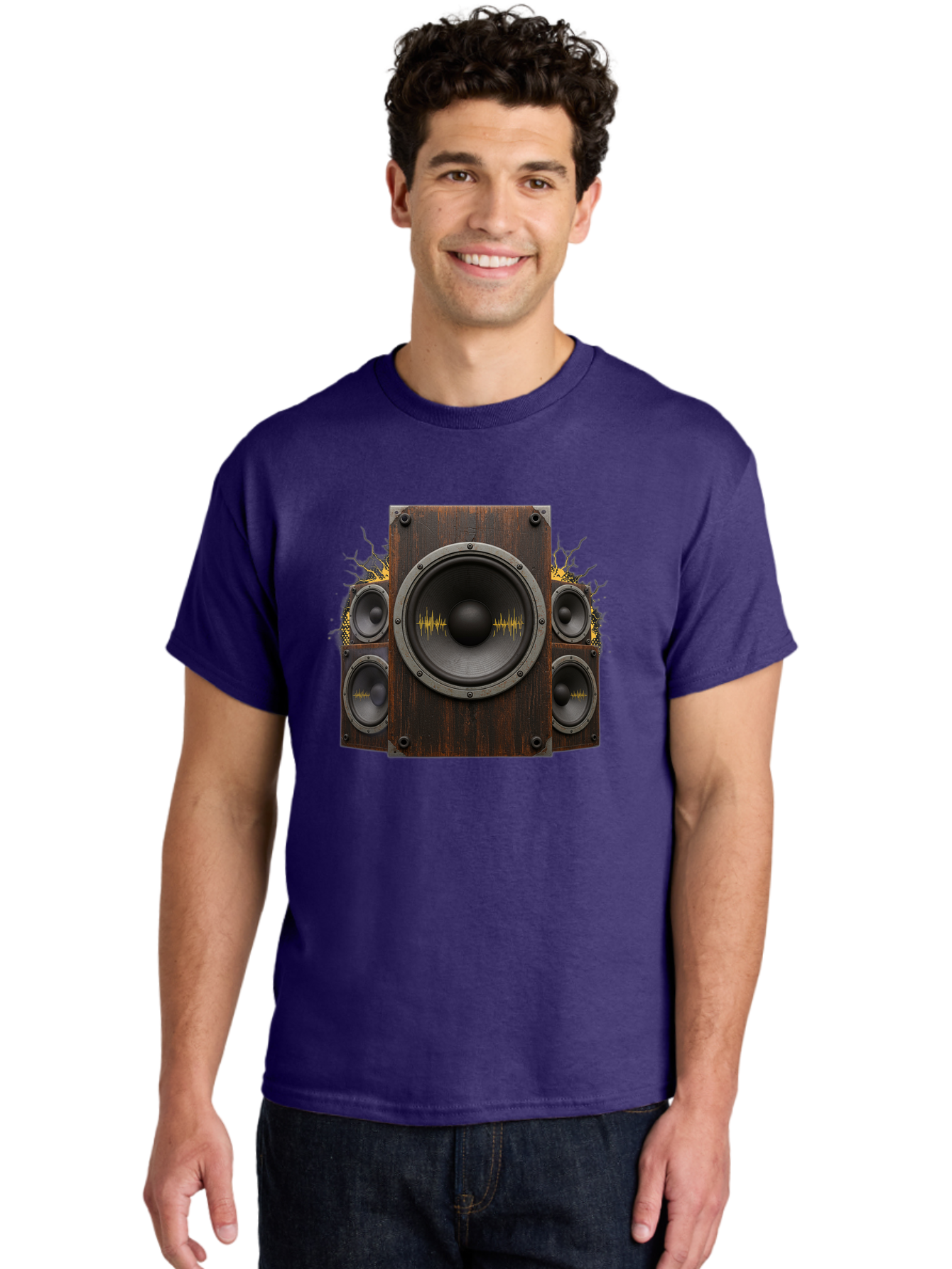 Speakers-With-Soundwaves Men'S Graphic Tee, 100% Cotton, Comfortable Casual Summer Wear, Machine Washable, Wooden Speakers, Sound Waves, Audio Equipment, Music Technology, Sound System, Vibrant Sound, Dynamic Audio Bad679