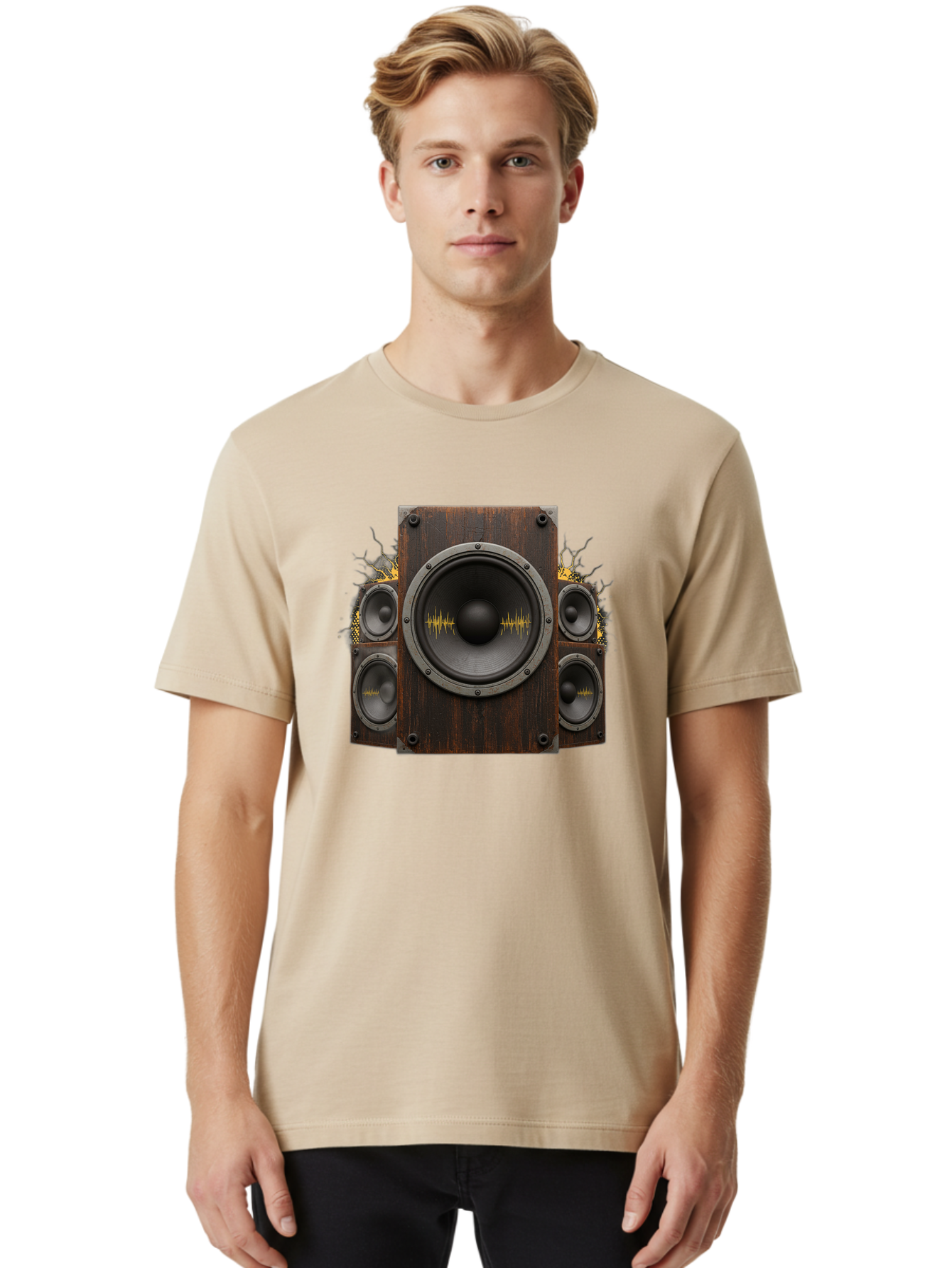 Speakers-With-Soundwaves Men'S Graphic Tee, 100% Cotton, Comfortable Casual Summer Wear, Machine Washable, Wooden Speakers, Sound Waves, Audio Equipment, Music Technology, Sound System, Vibrant Sound, Dynamic Audio Bad679
