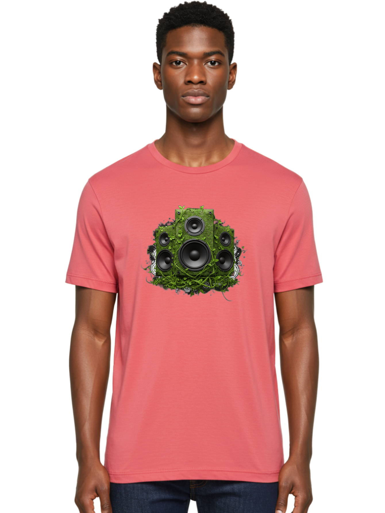 Speakers Men'S Graphic Tee, 100% Cotton, Comfortable Casual Summer Wear, Machine Washable, Grunge Sound System, Vintage Speaker, Overgrown With Vines, Eco-Friendly Audio, Retro Tech, Wild Outdoor Sound, Abstract Art Bad680