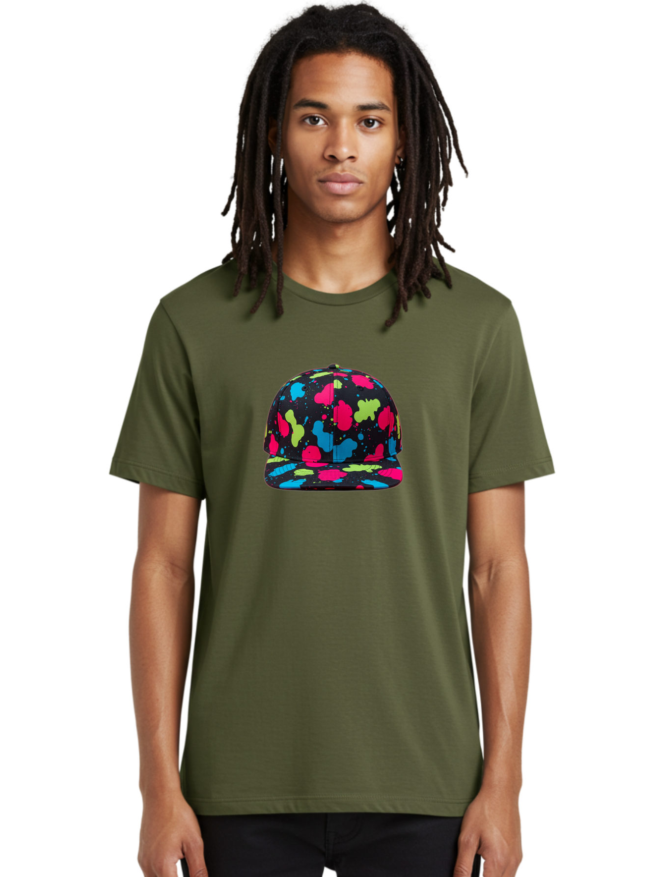 Splatter-Baseball-Cap-1 Men'S Graphic Tee, 100% Cotton, Comfortable Casual Summer Wear, Machine Washable, Baseball Cap, Splatter Design, Colorful Splatters, Pink Blue Green Splatters, Black Cap, Vibrant Colors, Streetwear Fashion, Bad682
