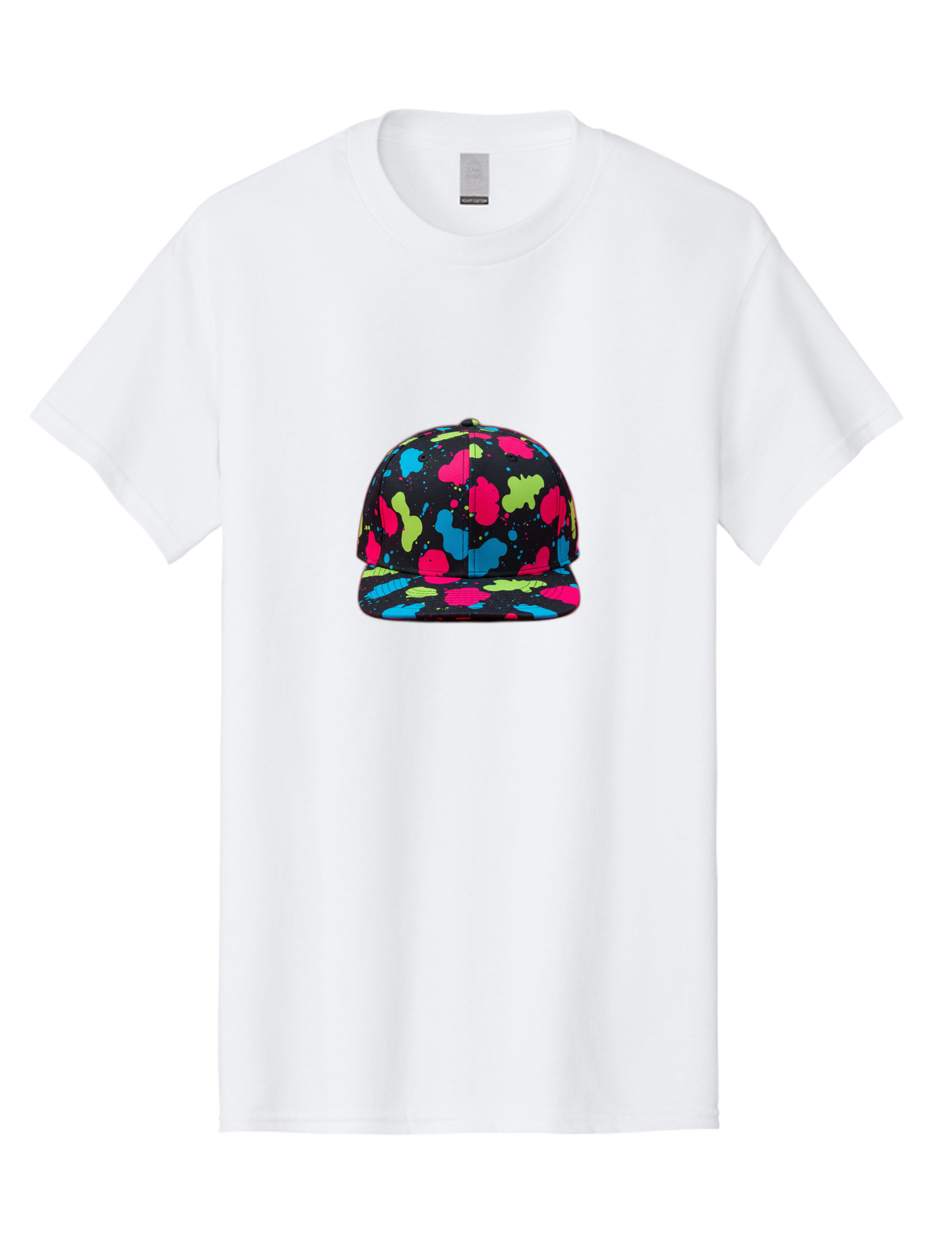 Splatter-Baseball-Cap-1 Men'S Graphic Tee, 100% Cotton, Comfortable Casual Summer Wear, Machine Washable, Baseball Cap, Splatter Design, Colorful Splatters, Pink Blue Green Splatters, Black Cap, Vibrant Colors, Streetwear Fashion, Bad682