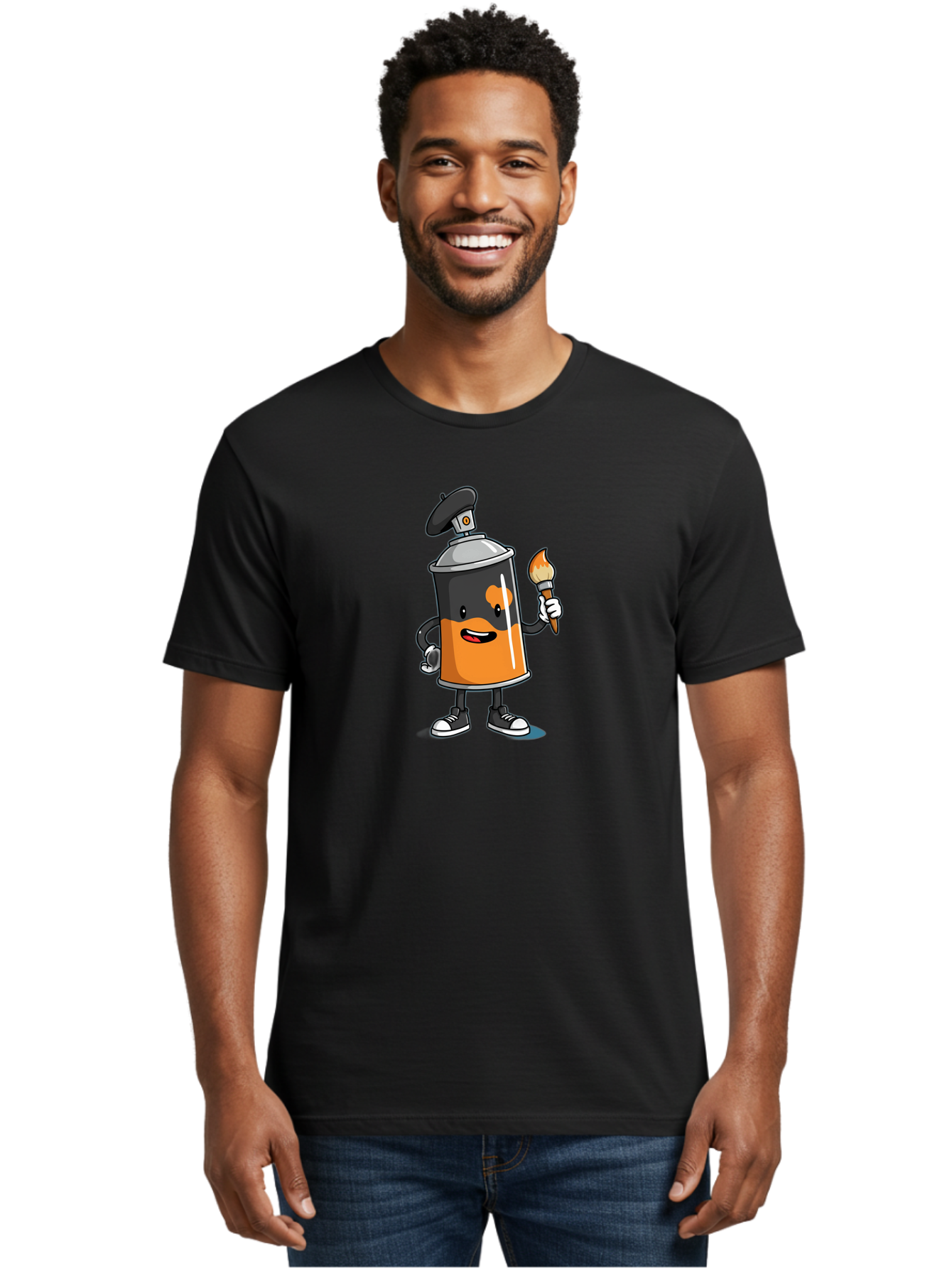 Spray-Can-2 Men'S Graphic Tee, 100% Cotton, Comfortable Casual Summer Wear, Machine Washable, Cartoon Spray Can, Street Art, Graffiti, Urban Culture, Creative Expression, Artistic Character, Vibrant Orange, Black And White Sneakers, Bad685