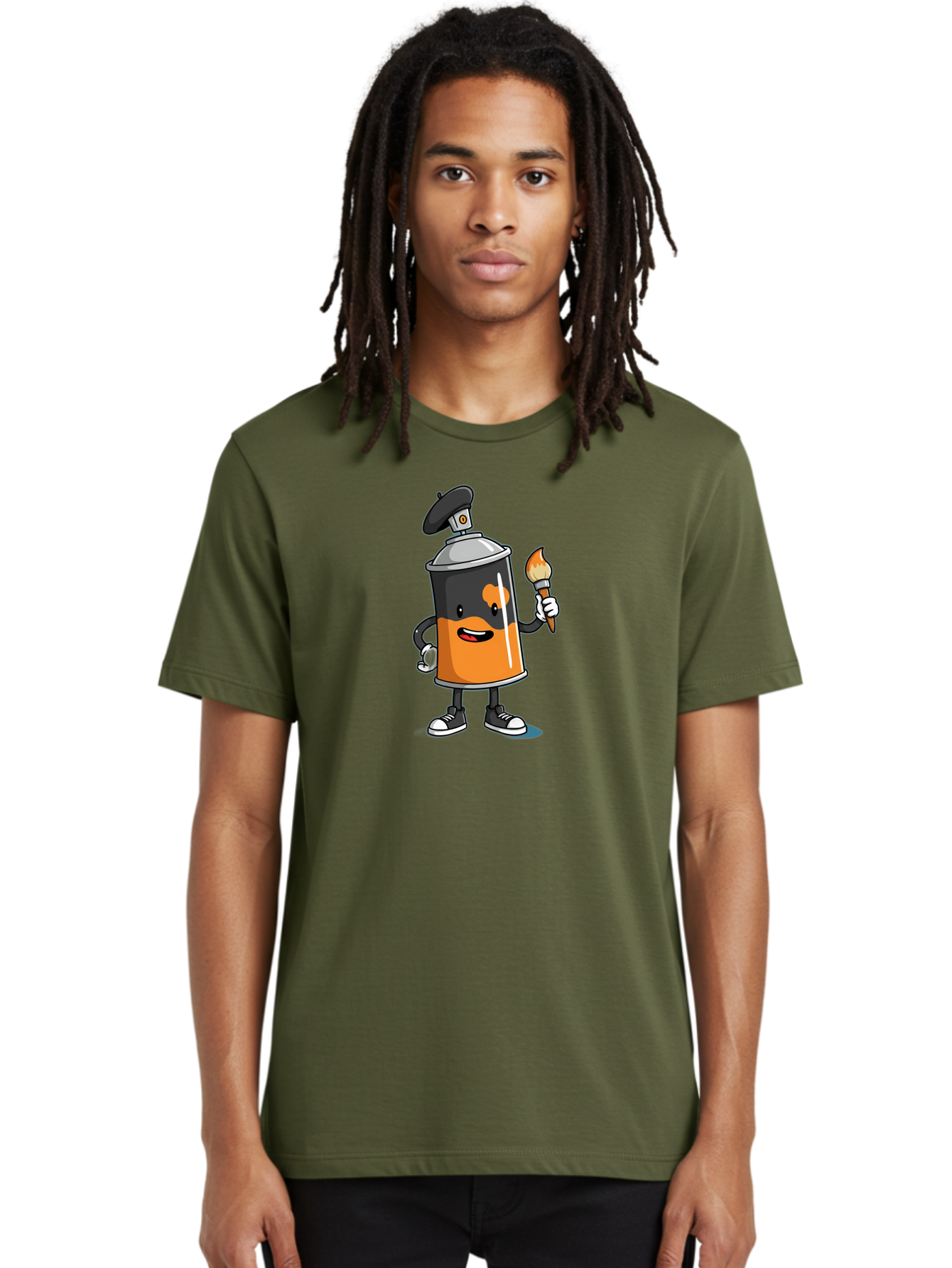 Spray-Can-2 Men'S Graphic Tee, 100% Cotton, Comfortable Casual Summer Wear, Machine Washable, Cartoon Spray Can, Street Art, Graffiti, Urban Culture, Creative Expression, Artistic Character, Vibrant Orange, Black And White Sneakers, Bad685