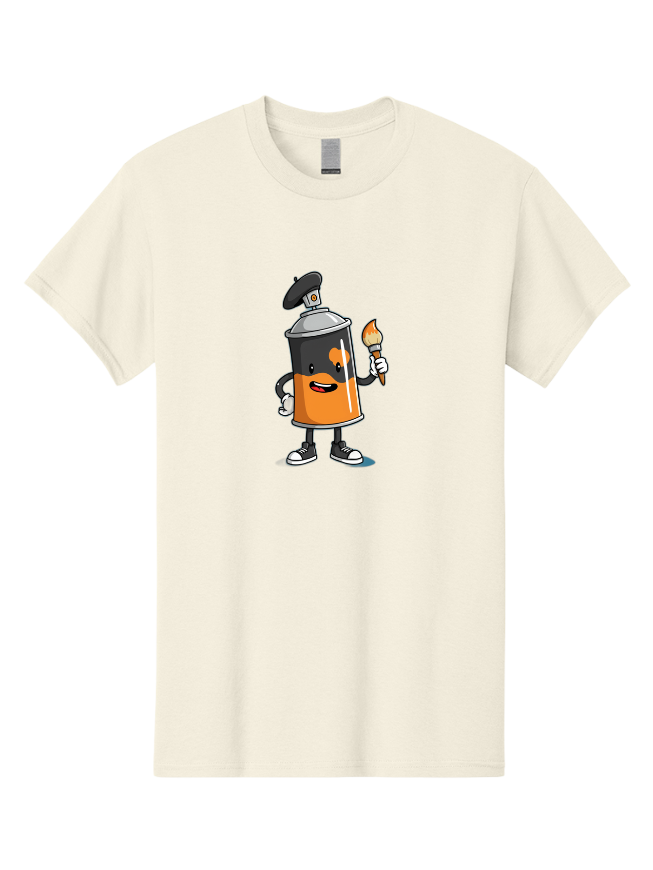 Spray-Can-2 Men'S Graphic Tee, 100% Cotton, Comfortable Casual Summer Wear, Machine Washable, Cartoon Spray Can, Street Art, Graffiti, Urban Culture, Creative Expression, Artistic Character, Vibrant Orange, Black And White Sneakers, Bad685