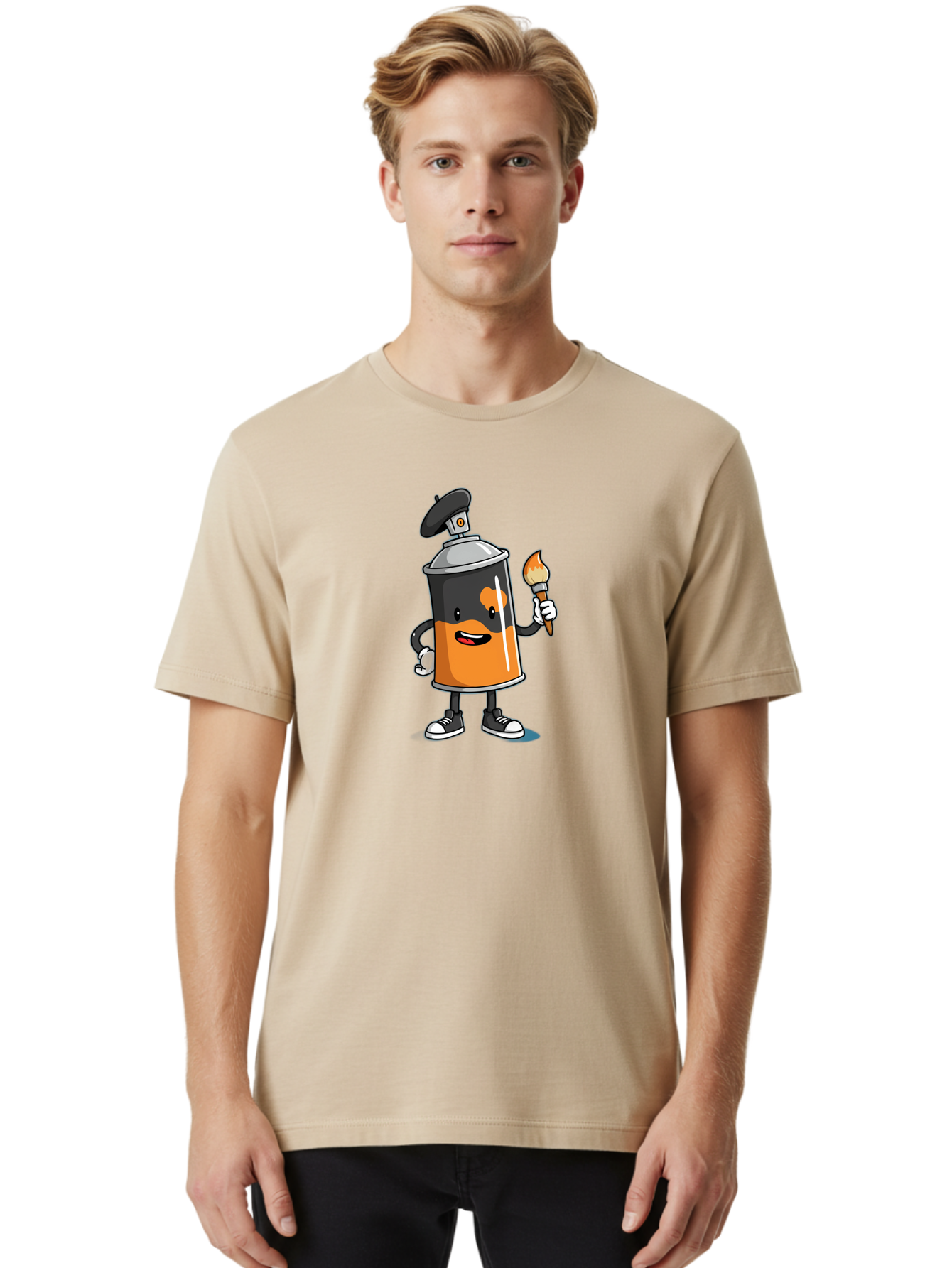 Spray-Can-2 Men'S Graphic Tee, 100% Cotton, Comfortable Casual Summer Wear, Machine Washable, Cartoon Spray Can, Street Art, Graffiti, Urban Culture, Creative Expression, Artistic Character, Vibrant Orange, Black And White Sneakers, Bad685