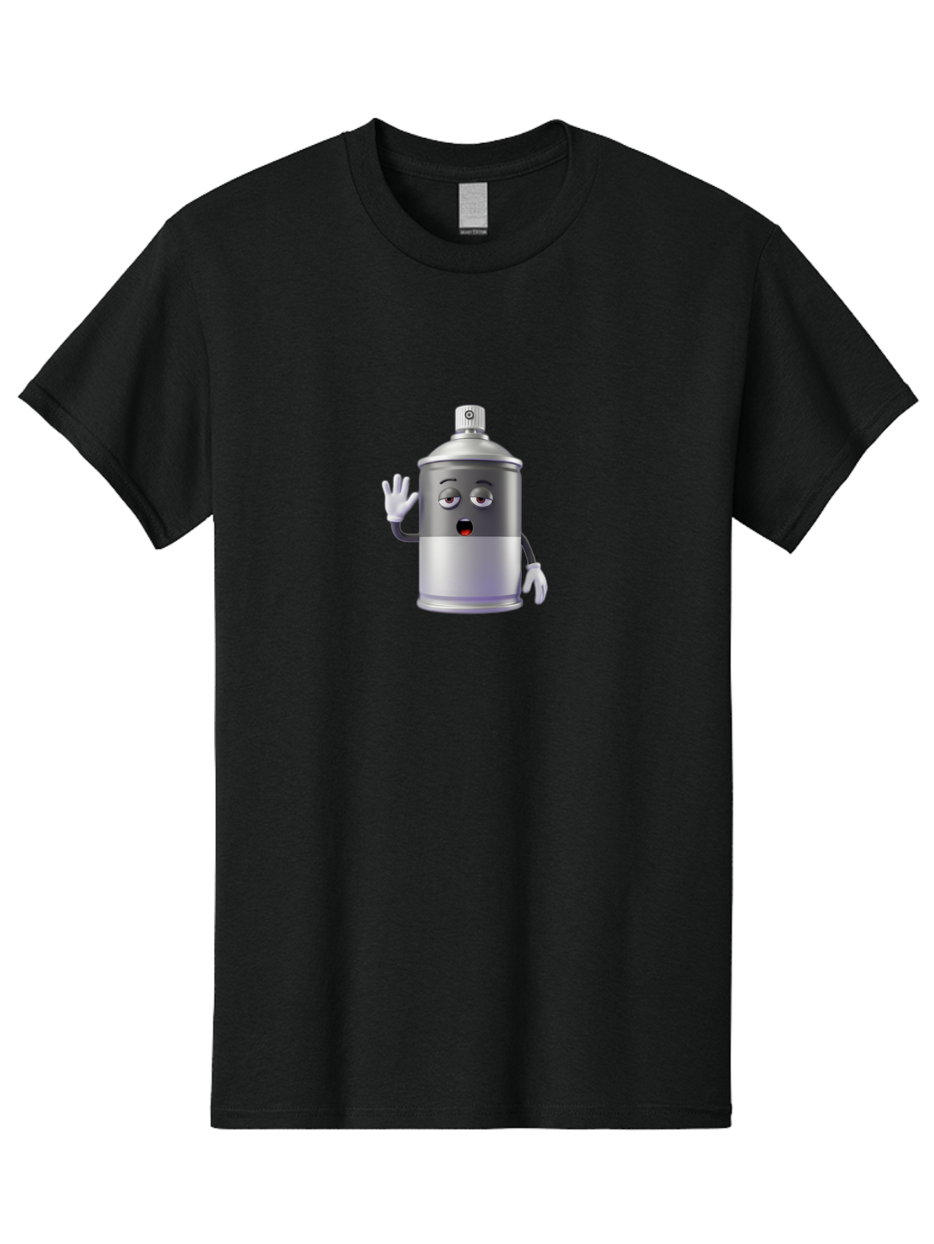 Spray-Can-Character-2 Men'S Graphic Tee, 100% Cotton, Comfortable Casual Summer Wear, Machine Washable, Funny Cartoon Character, Anthropomorphic Spray Can, Gray And White, Waving Hand, Cute Face, Black Eyes, Red Mouth, Bad687