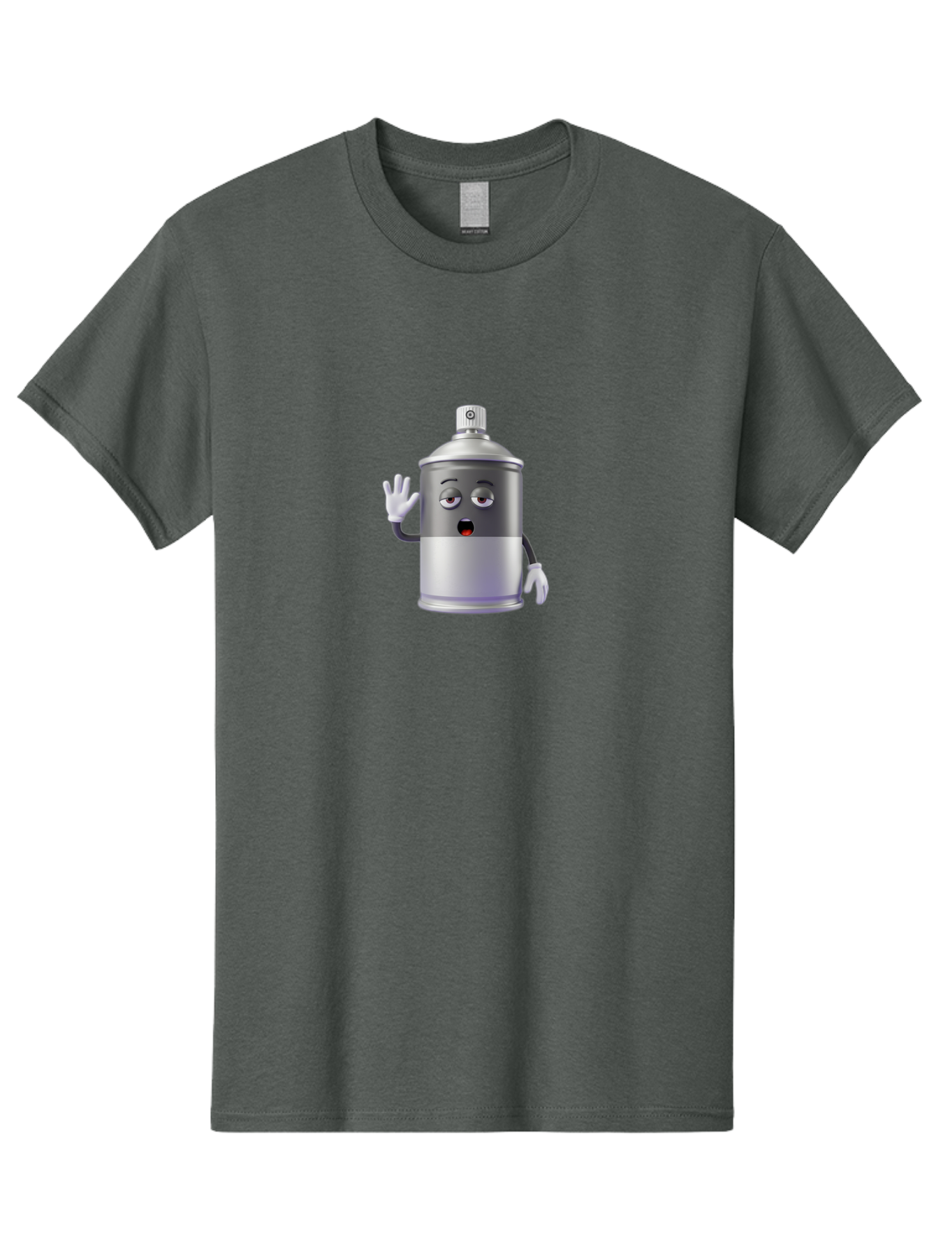 Spray-Can-Character-2 Men'S Graphic Tee, 100% Cotton, Comfortable Casual Summer Wear, Machine Washable, Funny Cartoon Character, Anthropomorphic Spray Can, Gray And White, Waving Hand, Cute Face, Black Eyes, Red Mouth, Bad687