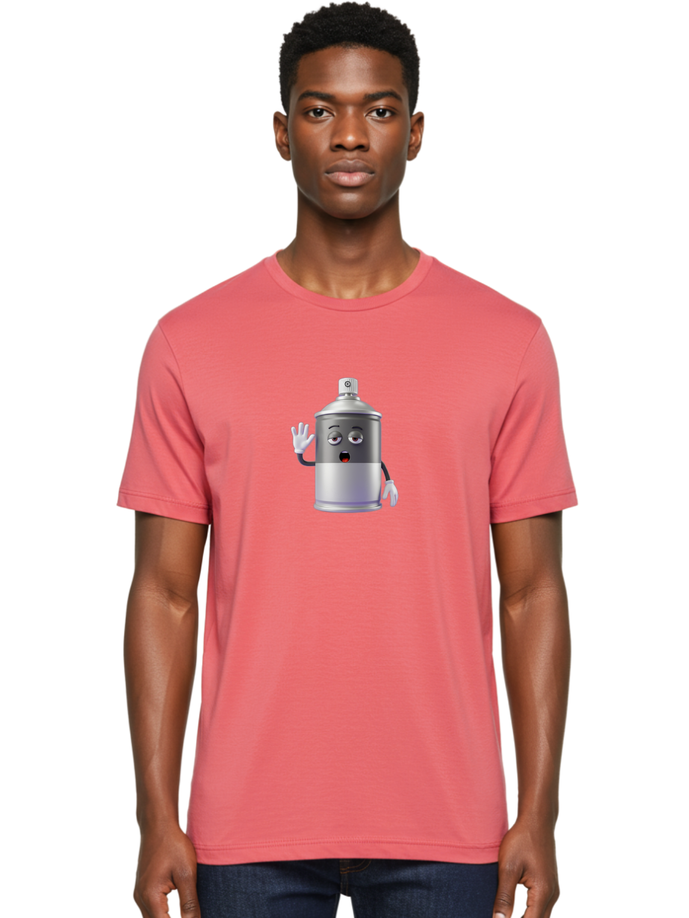 Spray-Can-Character-2 Men'S Graphic Tee, 100% Cotton, Comfortable Casual Summer Wear, Machine Washable, Funny Cartoon Character, Anthropomorphic Spray Can, Gray And White, Waving Hand, Cute Face, Black Eyes, Red Mouth, Bad687