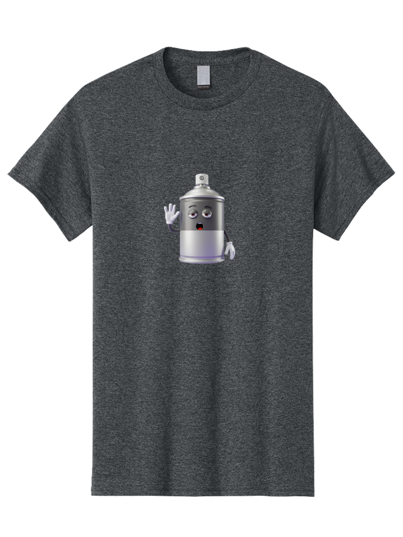 Spray-Can-Character-2 Men'S Graphic Tee, 100% Cotton, Comfortable Casual Summer Wear, Machine Washable, Funny Cartoon Character, Anthropomorphic Spray Can, Gray And White, Waving Hand, Cute Face, Black Eyes, Red Mouth, Bad687