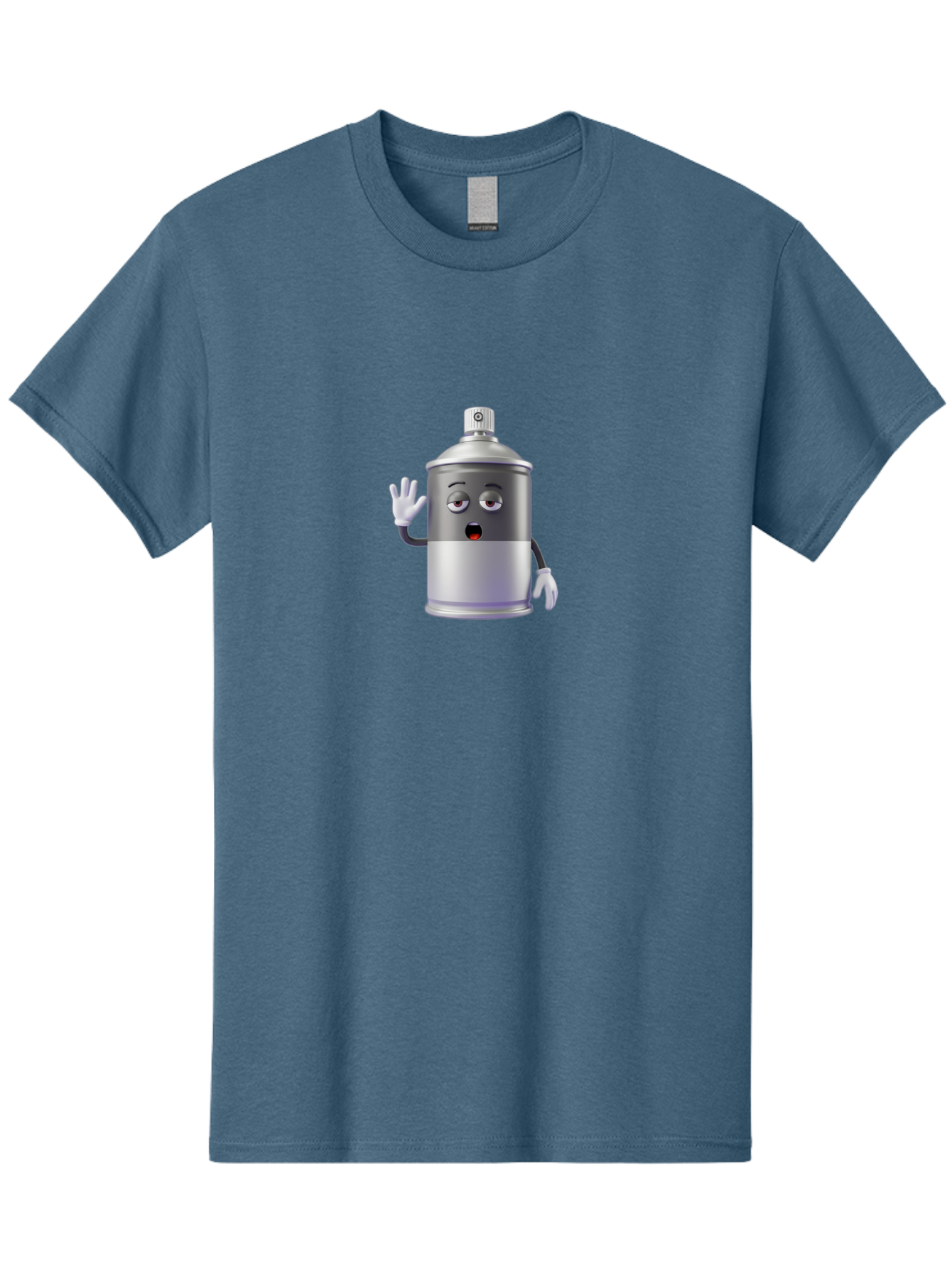 Spray-Can-Character-2 Men'S Graphic Tee, 100% Cotton, Comfortable Casual Summer Wear, Machine Washable, Funny Cartoon Character, Anthropomorphic Spray Can, Gray And White, Waving Hand, Cute Face, Black Eyes, Red Mouth, Bad687