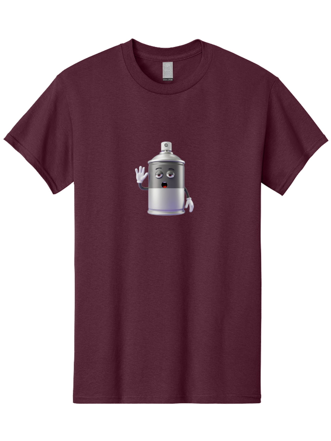 Spray-Can-Character-2 Men'S Graphic Tee, 100% Cotton, Comfortable Casual Summer Wear, Machine Washable, Funny Cartoon Character, Anthropomorphic Spray Can, Gray And White, Waving Hand, Cute Face, Black Eyes, Red Mouth, Bad687