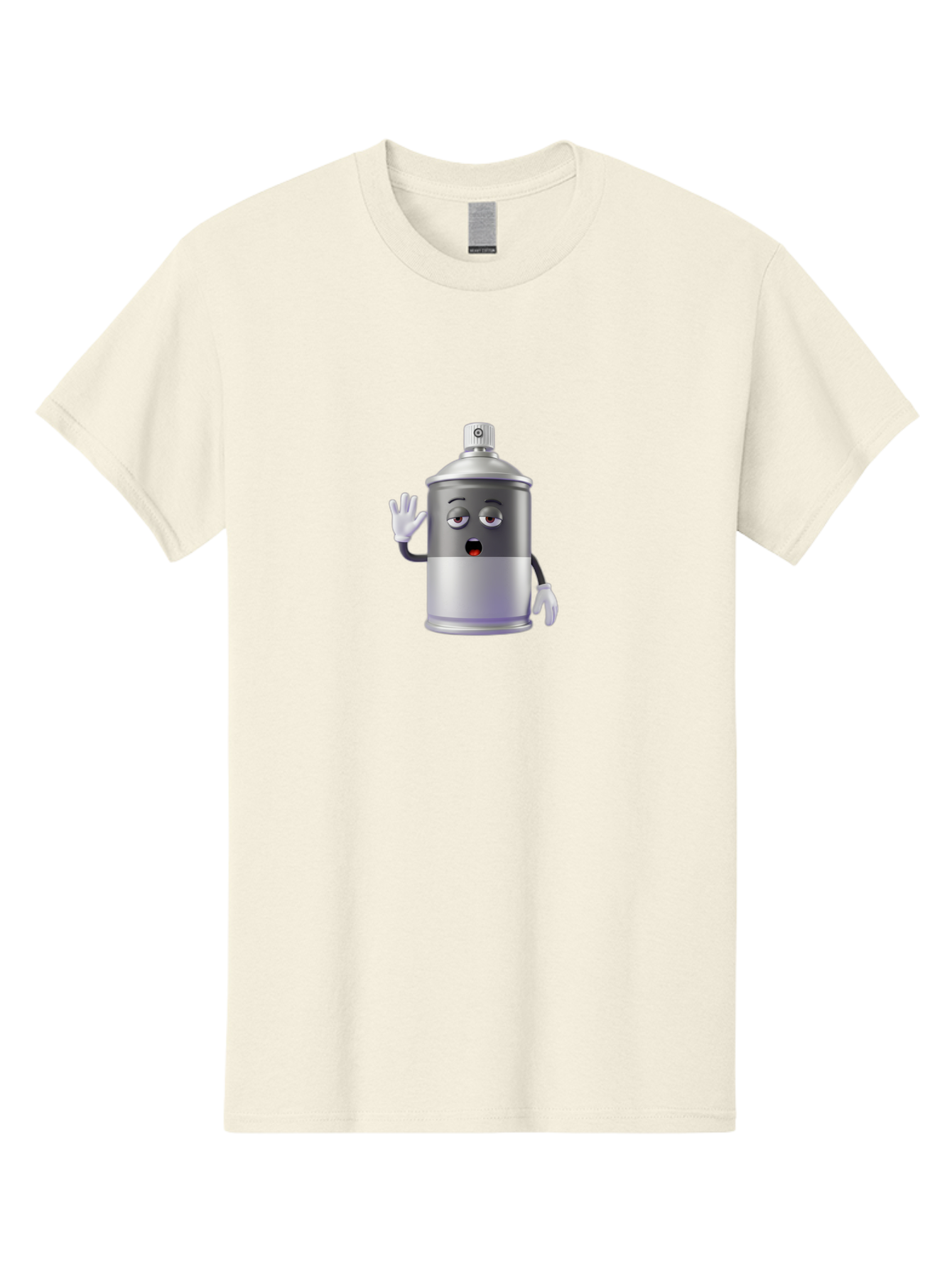 Spray-Can-Character-2 Men'S Graphic Tee, 100% Cotton, Comfortable Casual Summer Wear, Machine Washable, Funny Cartoon Character, Anthropomorphic Spray Can, Gray And White, Waving Hand, Cute Face, Black Eyes, Red Mouth, Bad687