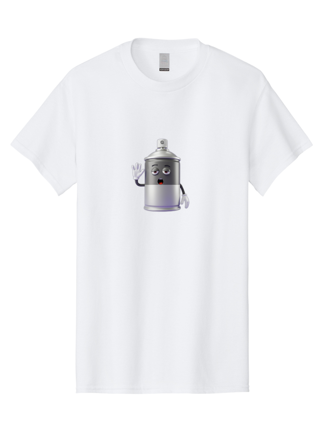 Spray-Can-Character-2 Men'S Graphic Tee, 100% Cotton, Comfortable Casual Summer Wear, Machine Washable, Funny Cartoon Character, Anthropomorphic Spray Can, Gray And White, Waving Hand, Cute Face, Black Eyes, Red Mouth, Bad687