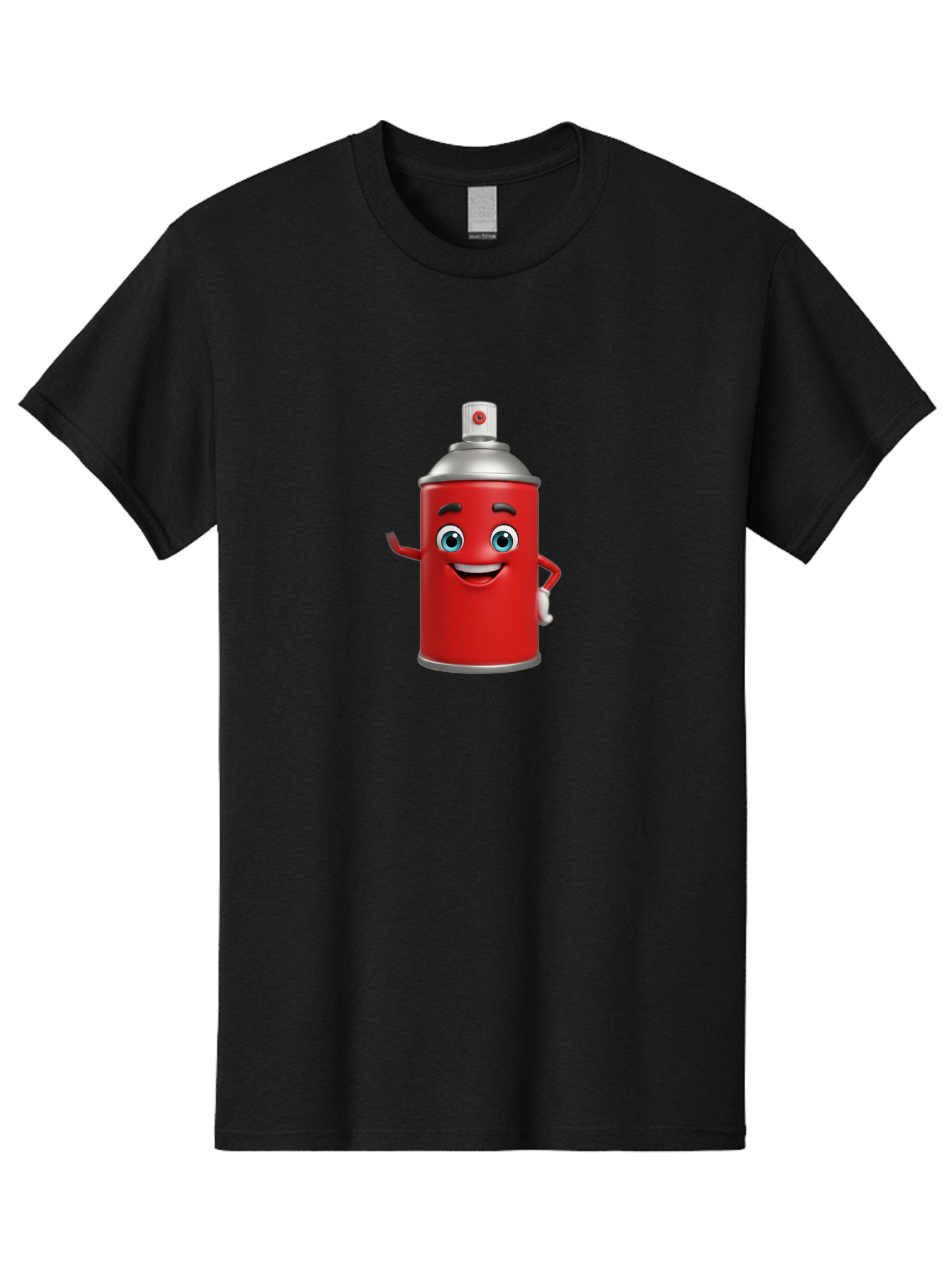 Spray-Can Men'S Graphic Tee, 100% Cotton, Comfortable Casual Summer Wear, Machine Washable, Cartoon Spray Paint Can, Red Color, Silver Cap, Smiling Face, Blue Eyes, Red And White Nozzle, Hand-Holding Gesture, Street Art, Graffiti, Bad691