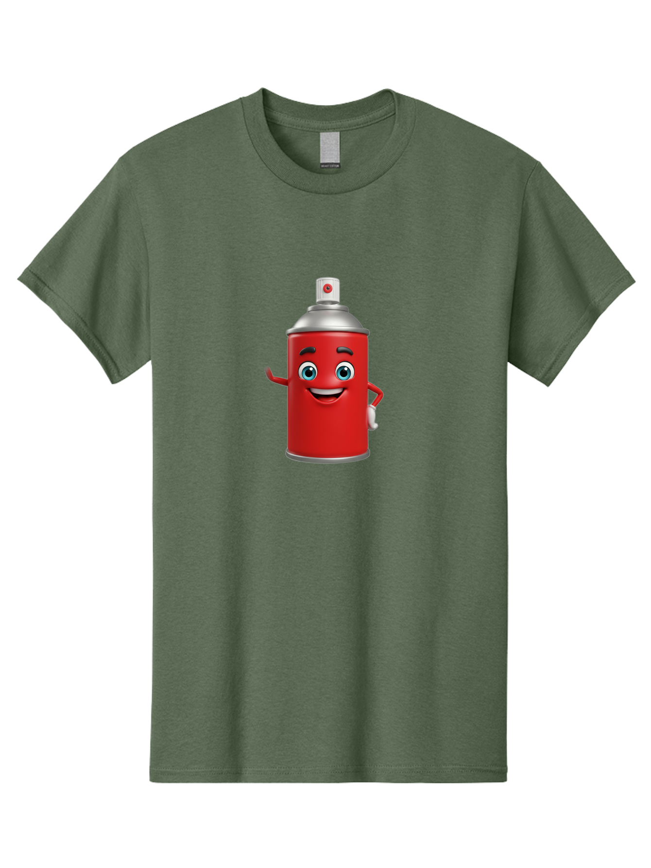 Spray-Can Men'S Graphic Tee, 100% Cotton, Comfortable Casual Summer Wear, Machine Washable, Cartoon Spray Paint Can, Red Color, Silver Cap, Smiling Face, Blue Eyes, Red And White Nozzle, Hand-Holding Gesture, Street Art, Graffiti, Bad691
