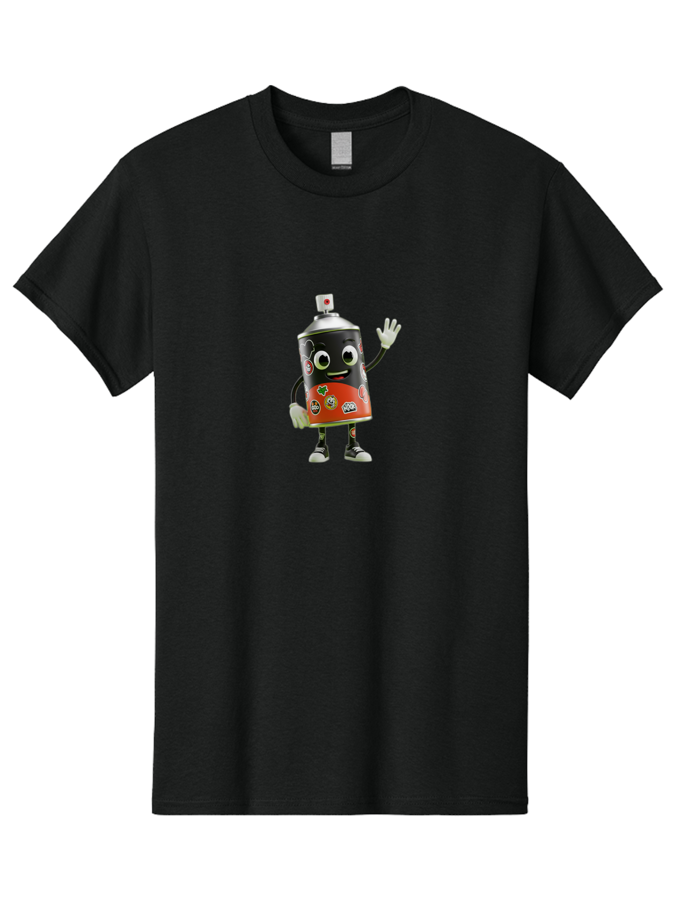 Spray-Paint-Can-Character-2 Men'S Graphic Tee, 100% Cotton, Comfortable Casual Summer Wear, Machine Washable, Cartoon Spray Can, Black And Red Design, Stickers, Smiling Face, Waving Hand, Street Art, Graffiti, Urban Culture, Pop Art Style, Bad693