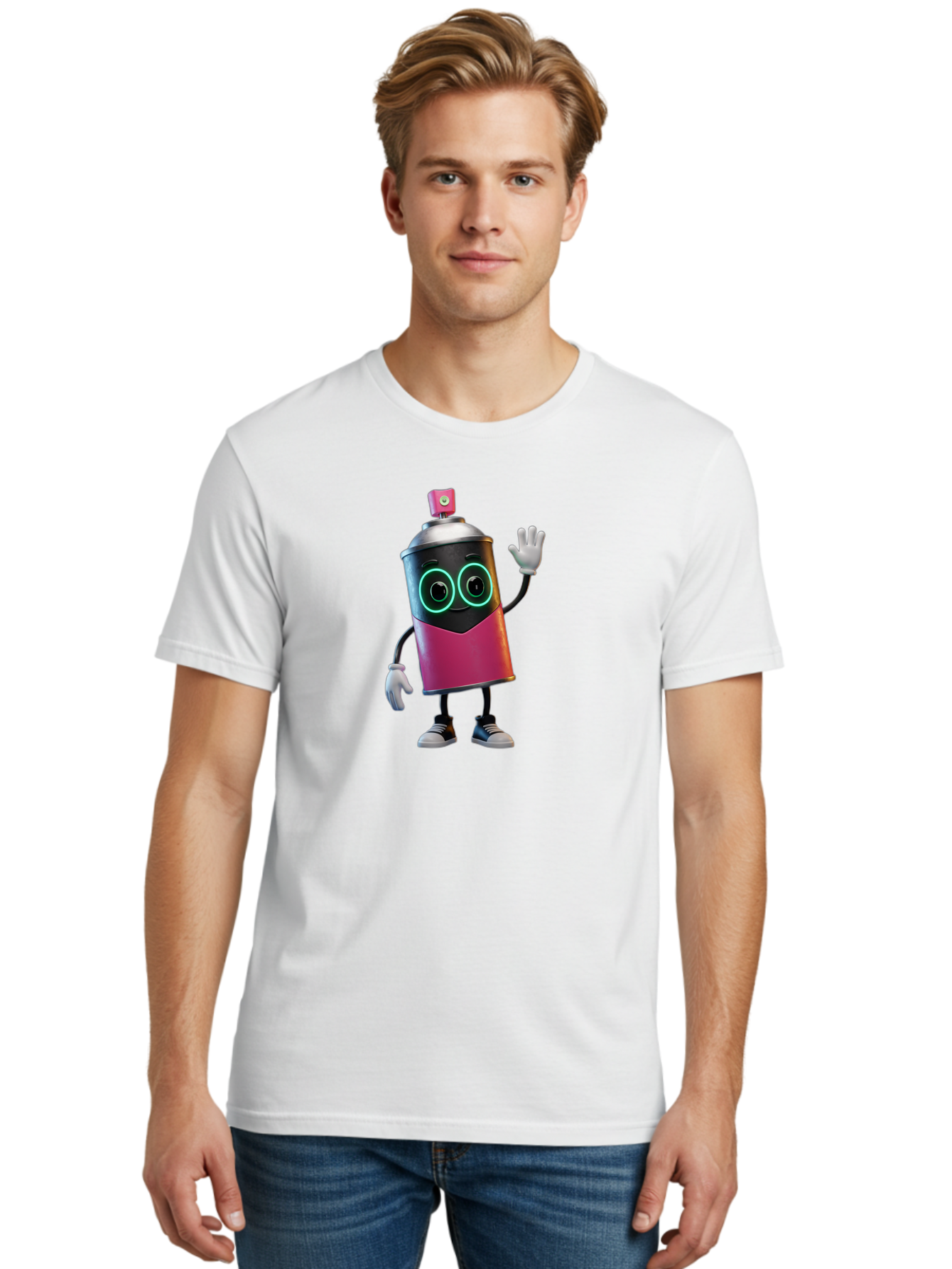 Spray-Paint-Can-Character Men'S Graphic Tee, 100% Cotton, Comfortable Casual Summer Wear, Machine Washable, Cartoon Spray Can, Street Art, Graffiti, Vibrant Colors, Friendly Character, Cute Design, Urban Art, Spray Paint Can, Bad694