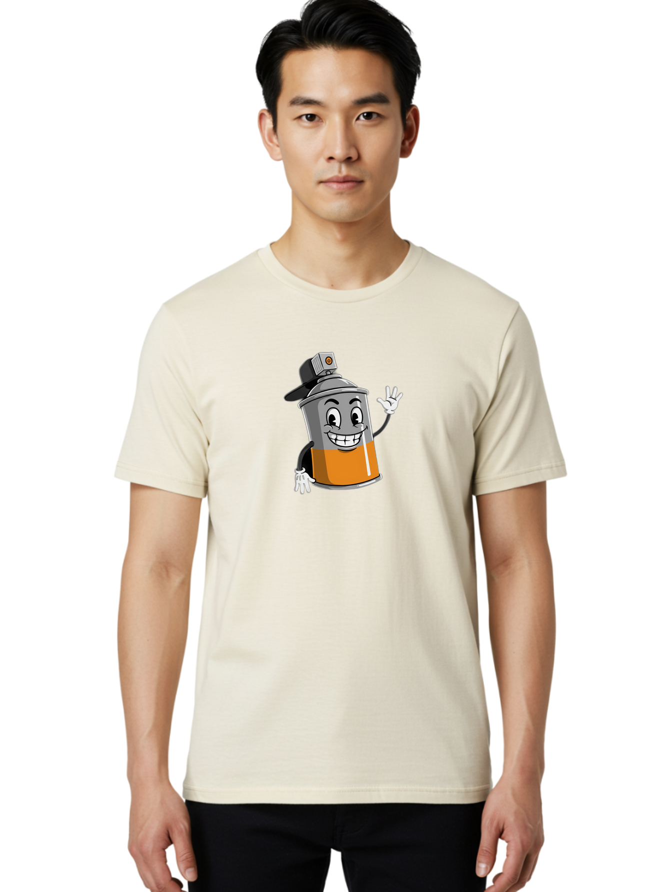 Spray-Paint-Can Men'S Graphic Tee, 100% Cotton, Comfortable Casual Summer Wear, Machine Washable, Cartoon Character, Spray Paint Can, Smiling Face, Street Art, Graffiti, Vibrant Colors, Playful Design, Happy Vibe Bad695