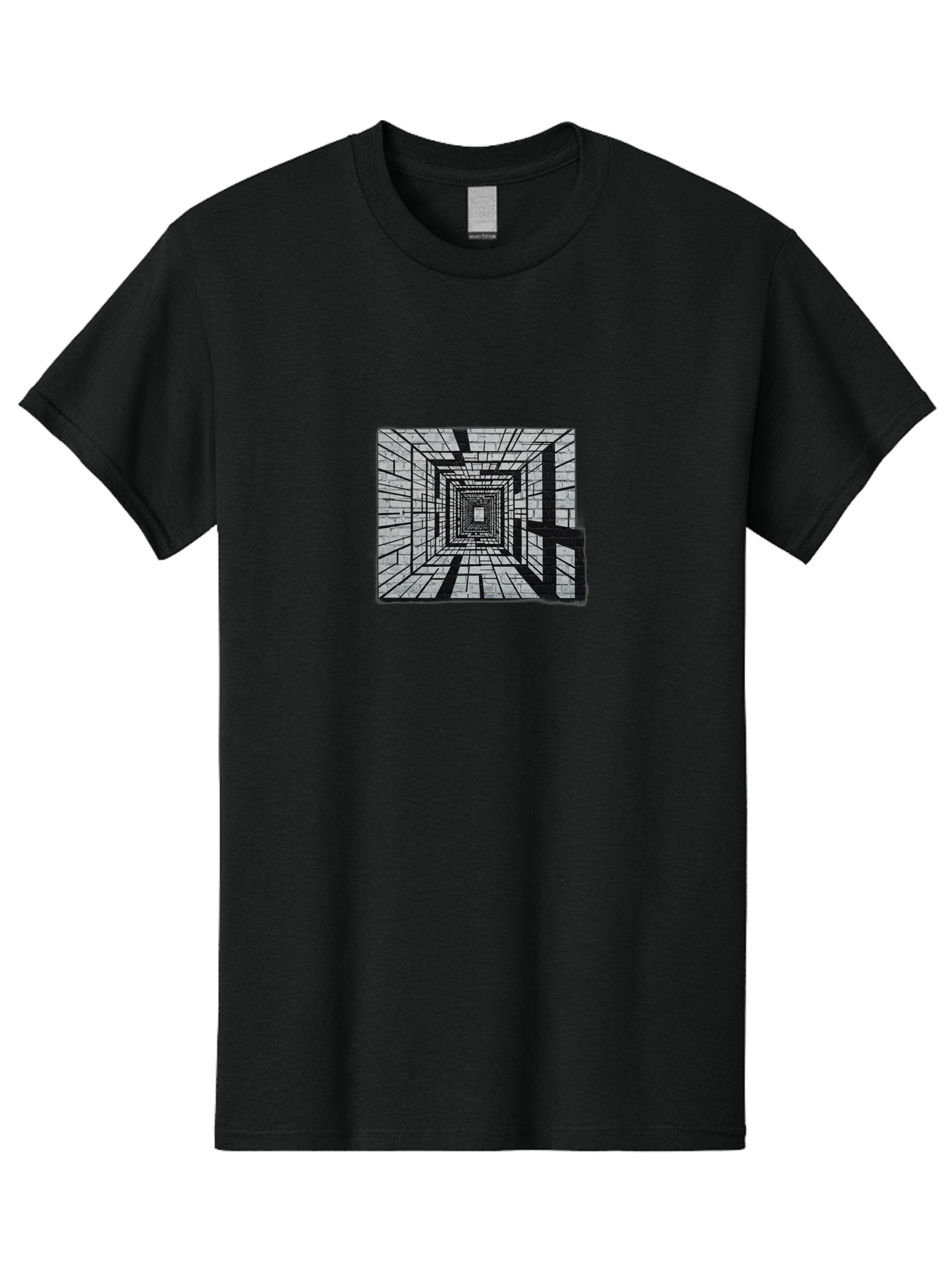 Square-Tunnel Men'S Graphic Tee, 100% Cotton, Comfortable Casual Summer Wear, Machine Washable, 3D Illustration, Rectangular Tunnel, Brick Walls, Vanishing Point, Optical Illusion, Abstract Art, Geometric Shapes, Black And White, Stencil Art, Bad696