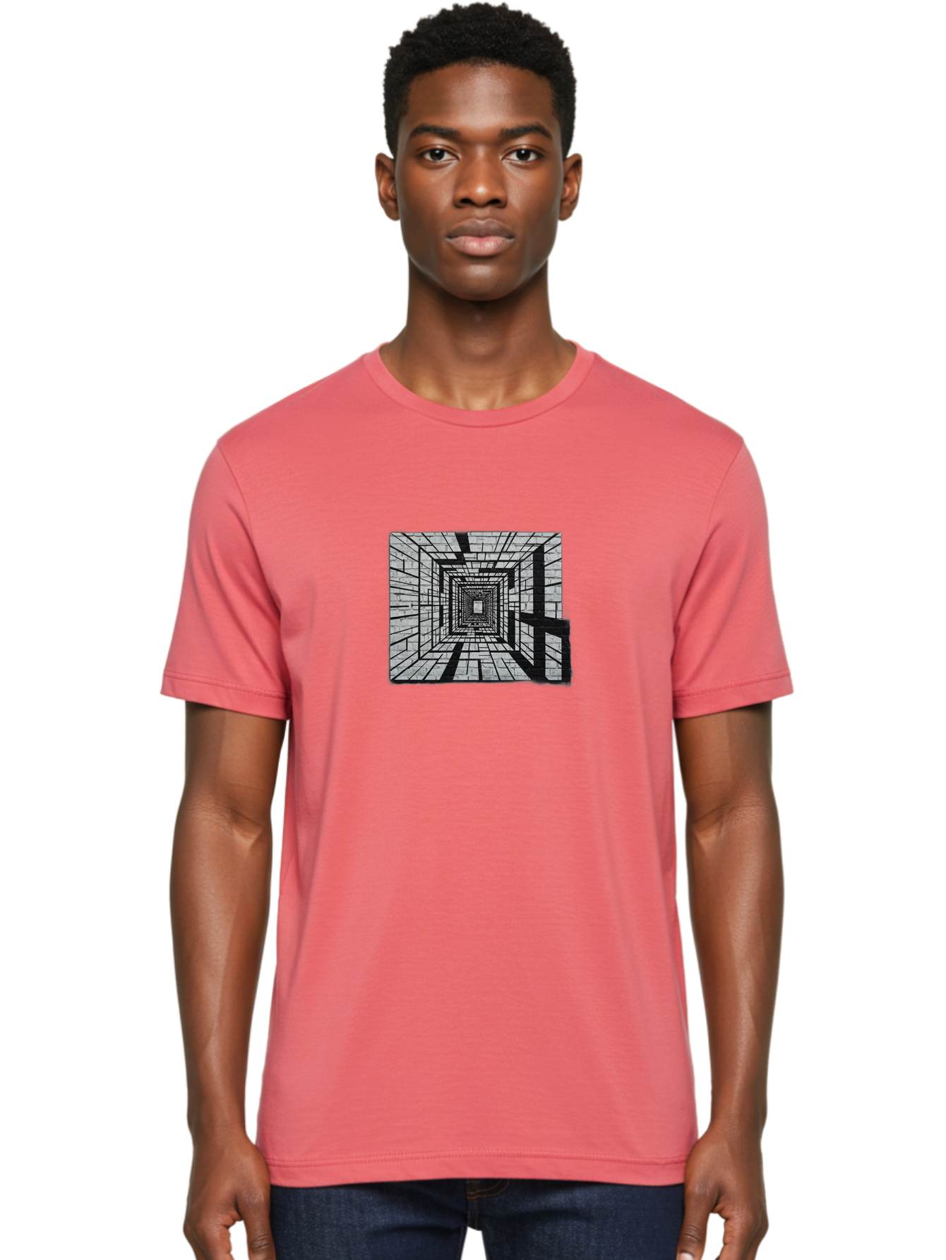 Square-Tunnel Men'S Graphic Tee, 100% Cotton, Comfortable Casual Summer Wear, Machine Washable, 3D Illustration, Rectangular Tunnel, Brick Walls, Vanishing Point, Optical Illusion, Abstract Art, Geometric Shapes, Black And White, Stencil Art, Bad696