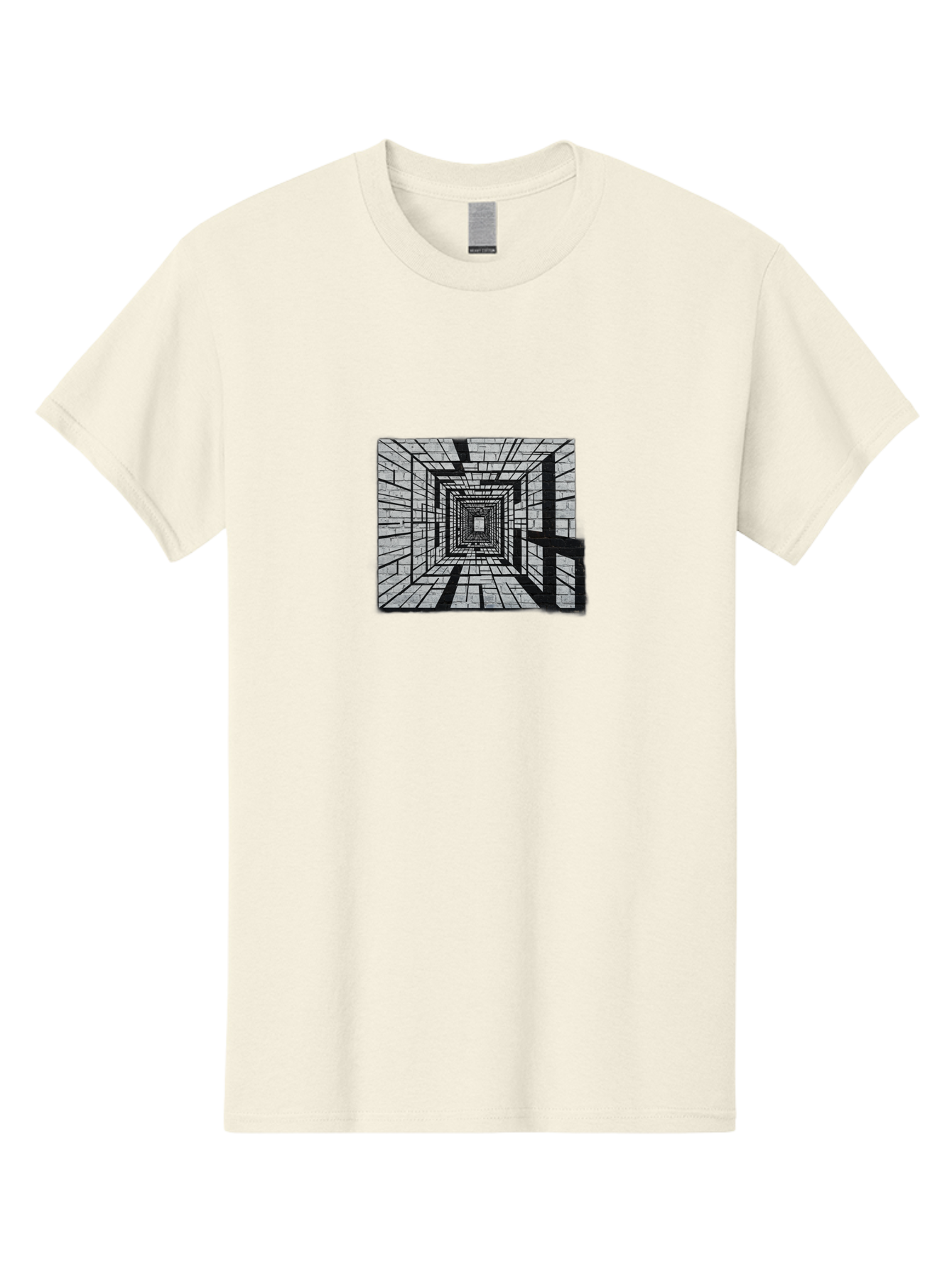 Square-Tunnel Men'S Graphic Tee, 100% Cotton, Comfortable Casual Summer Wear, Machine Washable, 3D Illustration, Rectangular Tunnel, Brick Walls, Vanishing Point, Optical Illusion, Abstract Art, Geometric Shapes, Black And White, Stencil Art, Bad696