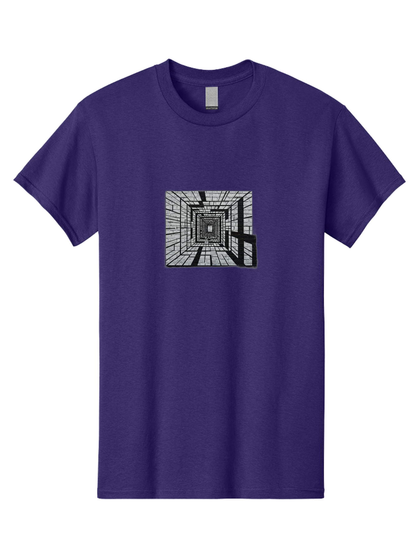 Square-Tunnel Men'S Graphic Tee, 100% Cotton, Comfortable Casual Summer Wear, Machine Washable, 3D Illustration, Rectangular Tunnel, Brick Walls, Vanishing Point, Optical Illusion, Abstract Art, Geometric Shapes, Black And White, Stencil Art, Bad696