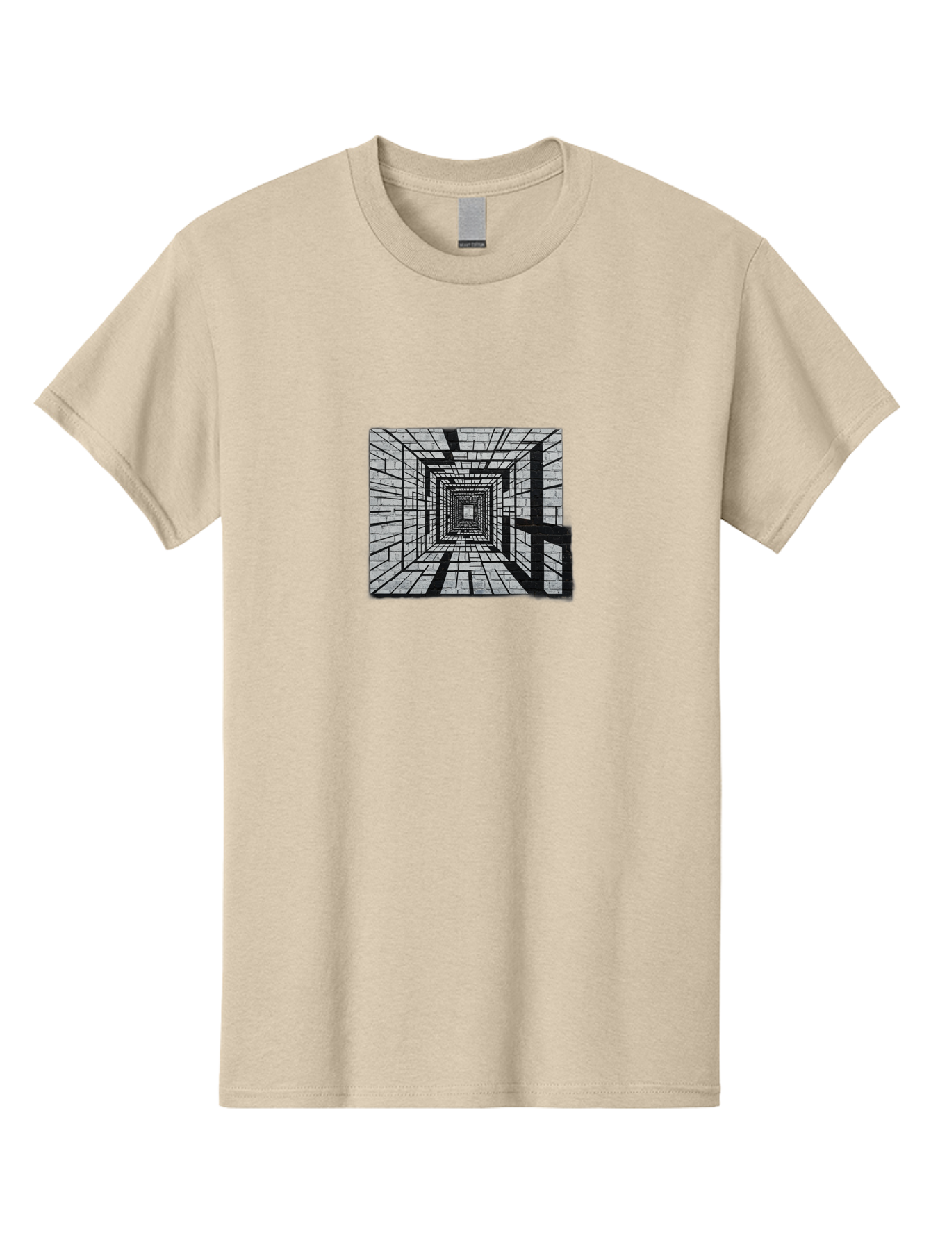 Square-Tunnel Men'S Graphic Tee, 100% Cotton, Comfortable Casual Summer Wear, Machine Washable, 3D Illustration, Rectangular Tunnel, Brick Walls, Vanishing Point, Optical Illusion, Abstract Art, Geometric Shapes, Black And White, Stencil Art, Bad696