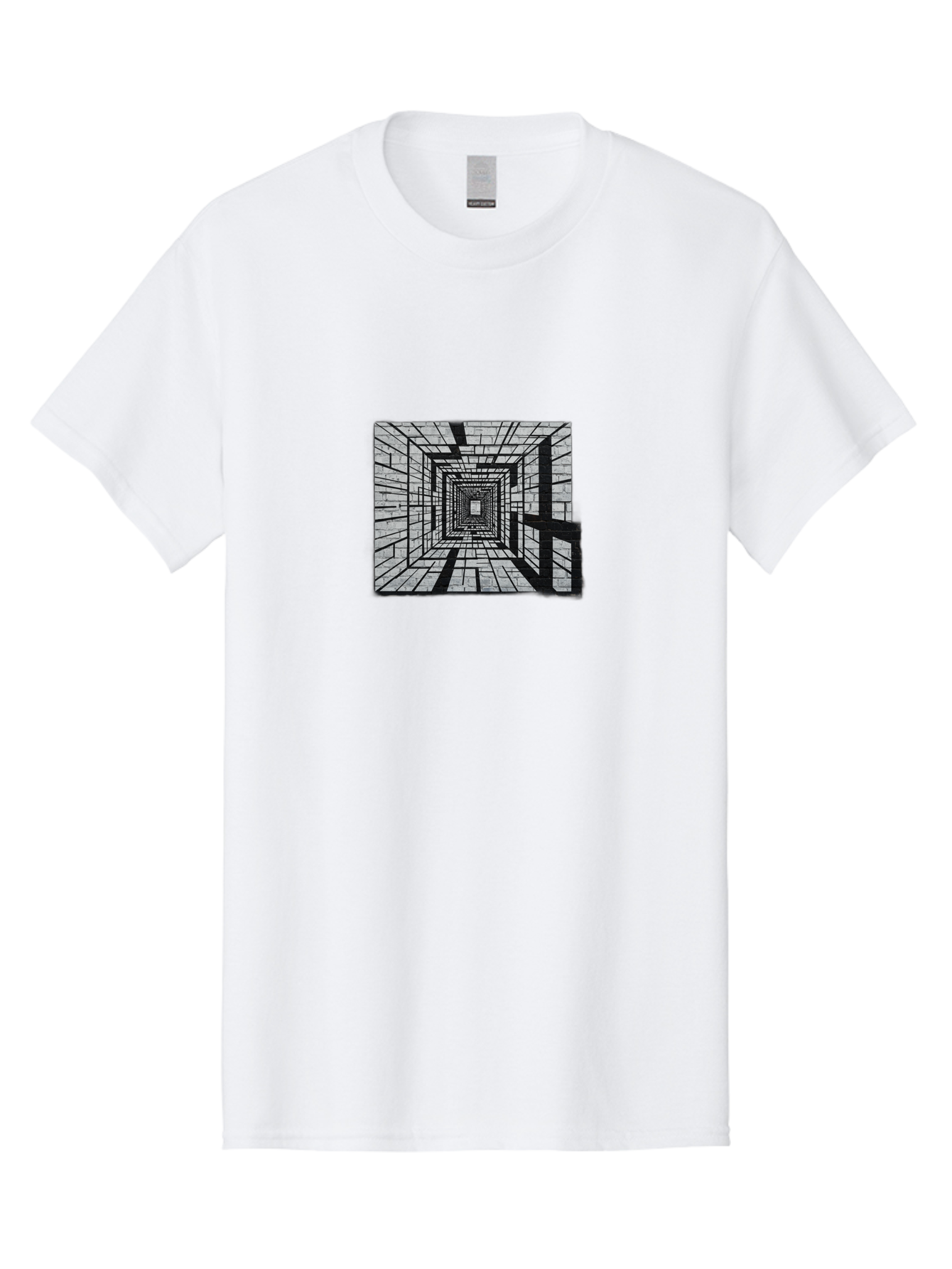 Square-Tunnel Men'S Graphic Tee, 100% Cotton, Comfortable Casual Summer Wear, Machine Washable, 3D Illustration, Rectangular Tunnel, Brick Walls, Vanishing Point, Optical Illusion, Abstract Art, Geometric Shapes, Black And White, Stencil Art, Bad696