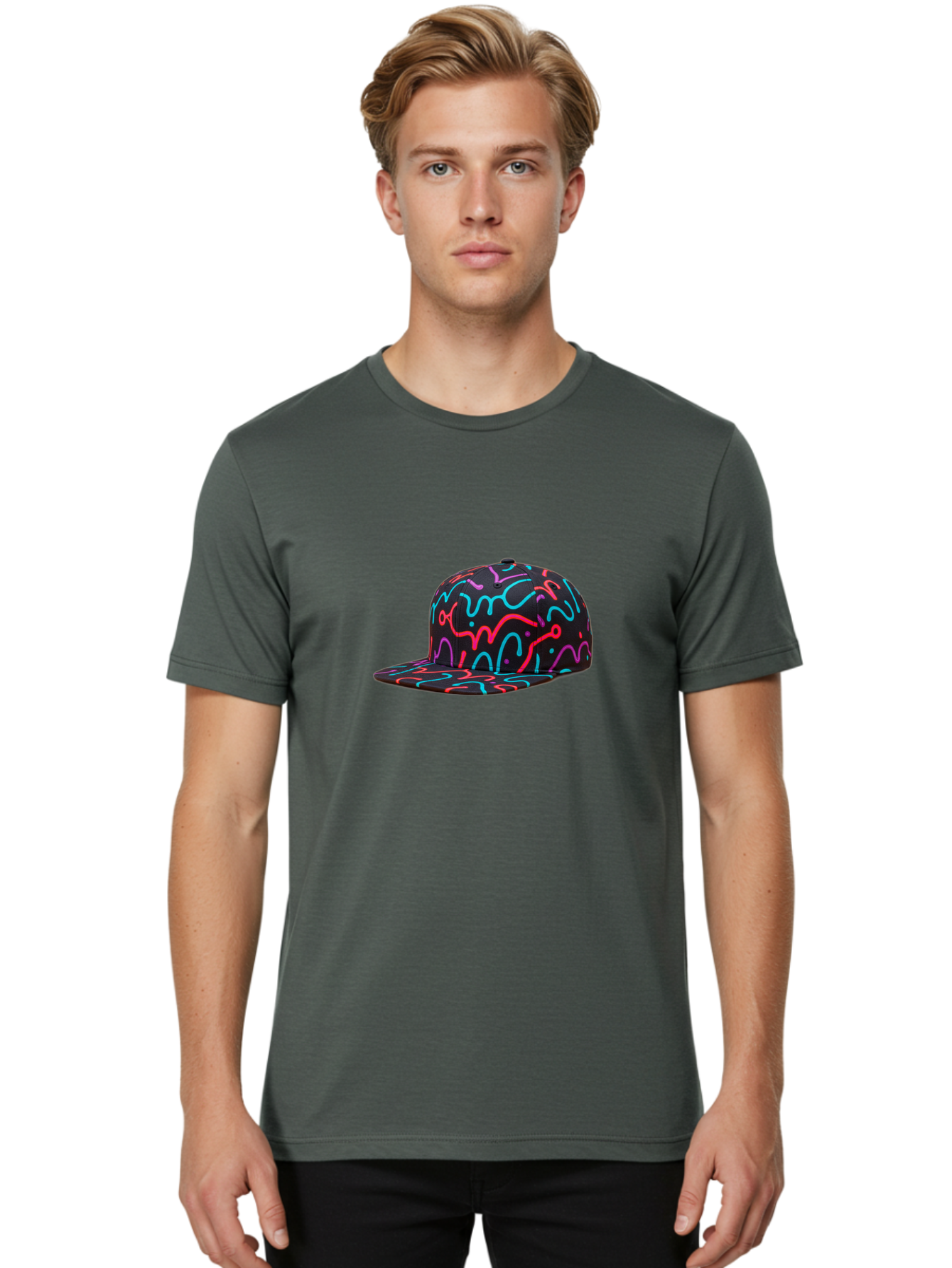 Squiggly-Baseball-Cap Men'S Graphic Tee, 100% Cotton, Comfortable Casual Summer Wear, Machine Washable, Snapback Hat, Neon Squiggles, Black Hat, Vibrant Colors, Streetwear Fashion, Trendy Accessories, Casual Style, Hat Fashion Bad697