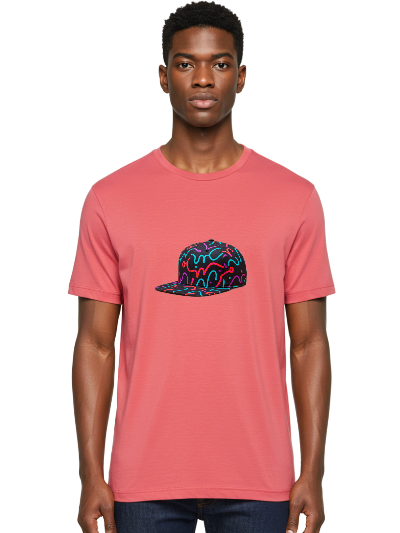 Squiggly-Baseball-Cap Men'S Graphic Tee, 100% Cotton, Comfortable Casual Summer Wear, Machine Washable, Snapback Hat, Neon Squiggles, Black Hat, Vibrant Colors, Streetwear Fashion, Trendy Accessories, Casual Style, Hat Fashion Bad697