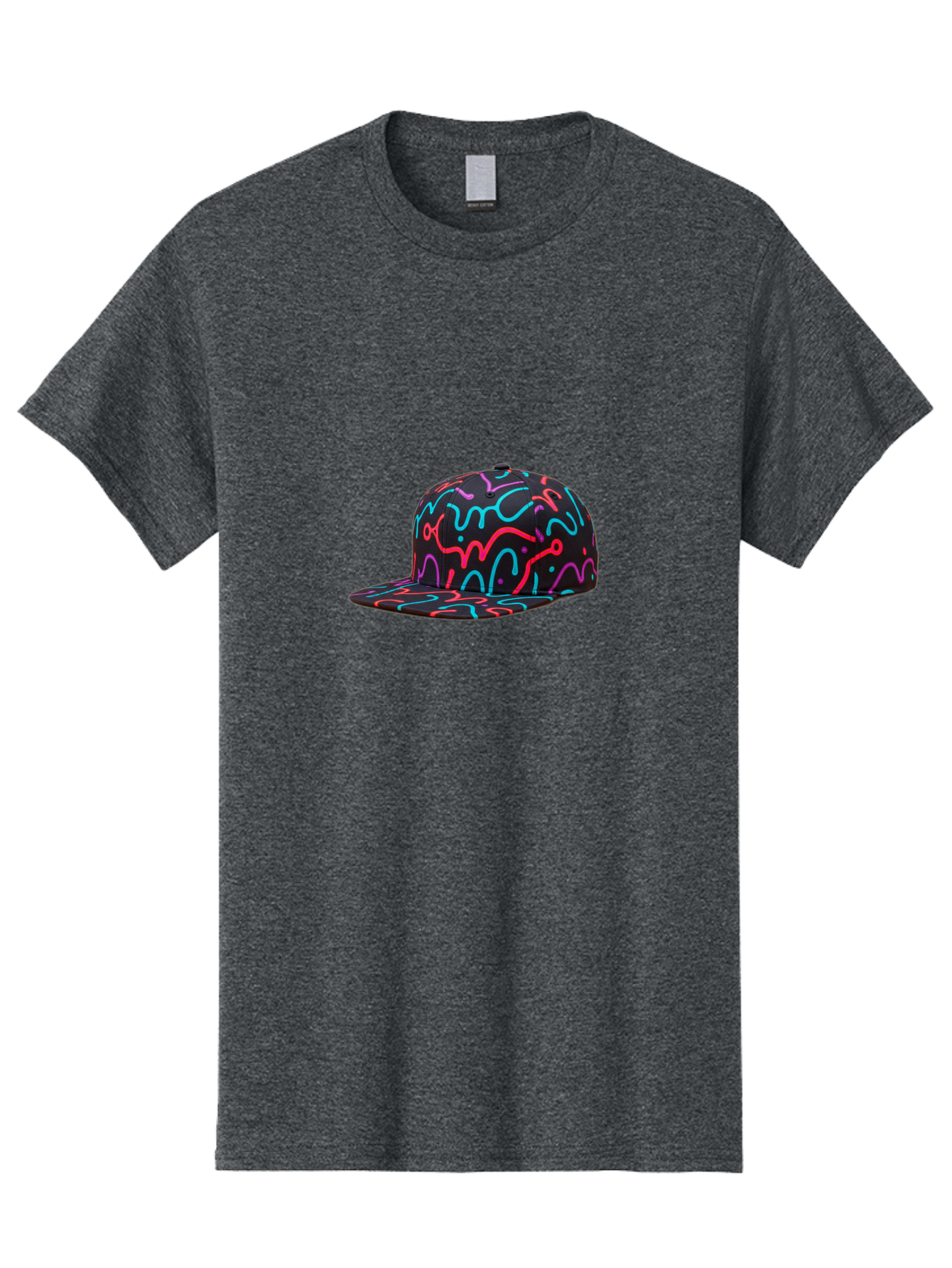 Squiggly-Baseball-Cap Men'S Graphic Tee, 100% Cotton, Comfortable Casual Summer Wear, Machine Washable, Snapback Hat, Neon Squiggles, Black Hat, Vibrant Colors, Streetwear Fashion, Trendy Accessories, Casual Style, Hat Fashion Bad697
