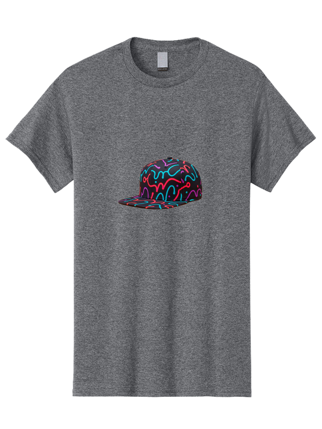 Squiggly-Baseball-Cap Men'S Graphic Tee, 100% Cotton, Comfortable Casual Summer Wear, Machine Washable, Snapback Hat, Neon Squiggles, Black Hat, Vibrant Colors, Streetwear Fashion, Trendy Accessories, Casual Style, Hat Fashion Bad697