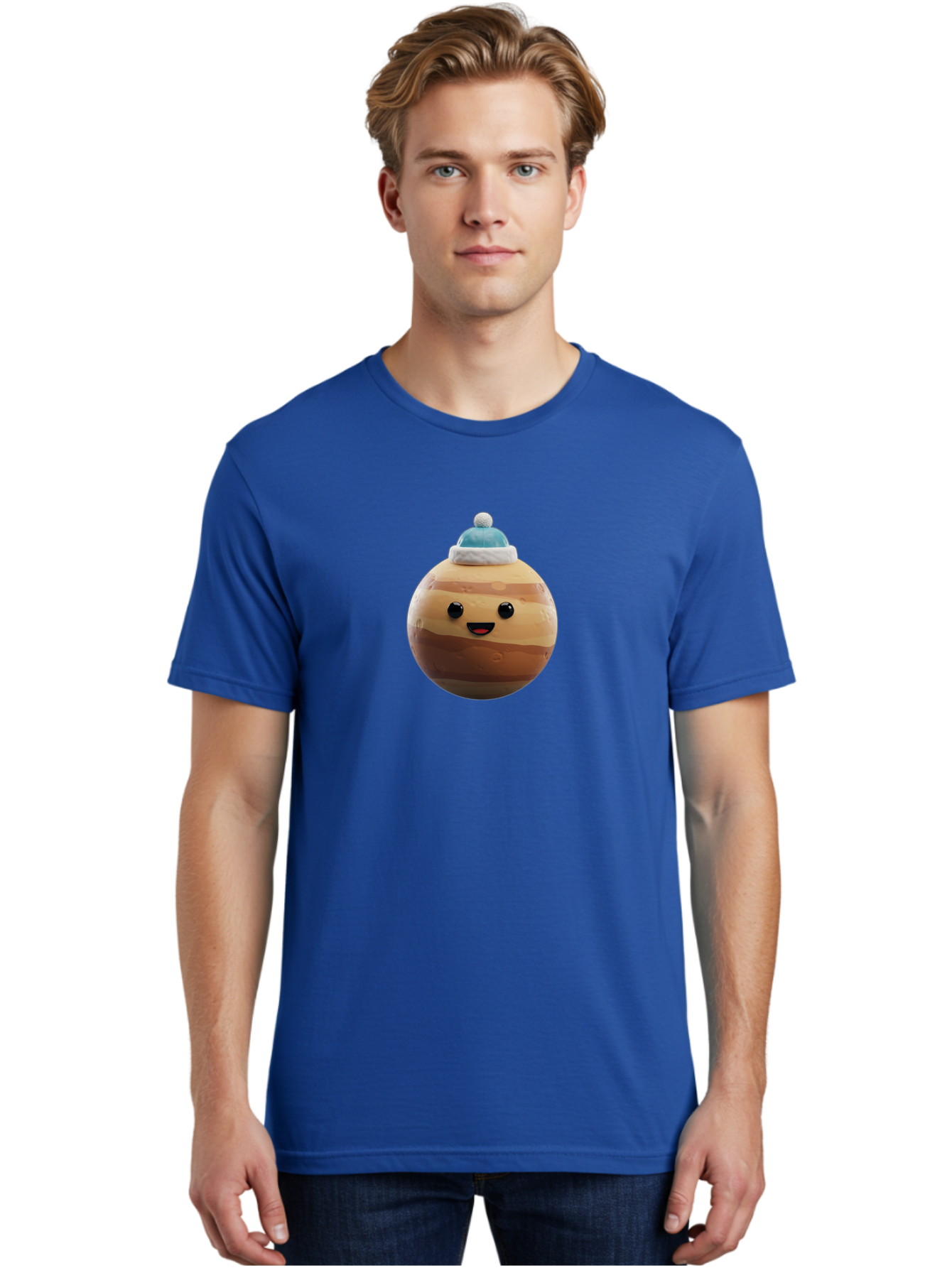 Squishmallow Men'S Graphic Tee, 100% Cotton, Comfortable Casual Summer Wear, Machine Washable, Cute Plush Toy, Squishmallow Character, Caramel Color, Blue Beanie, Soft Texture, Cheerful Face, Round Shape, Squishy Toy, Collectible Plush, Bad699