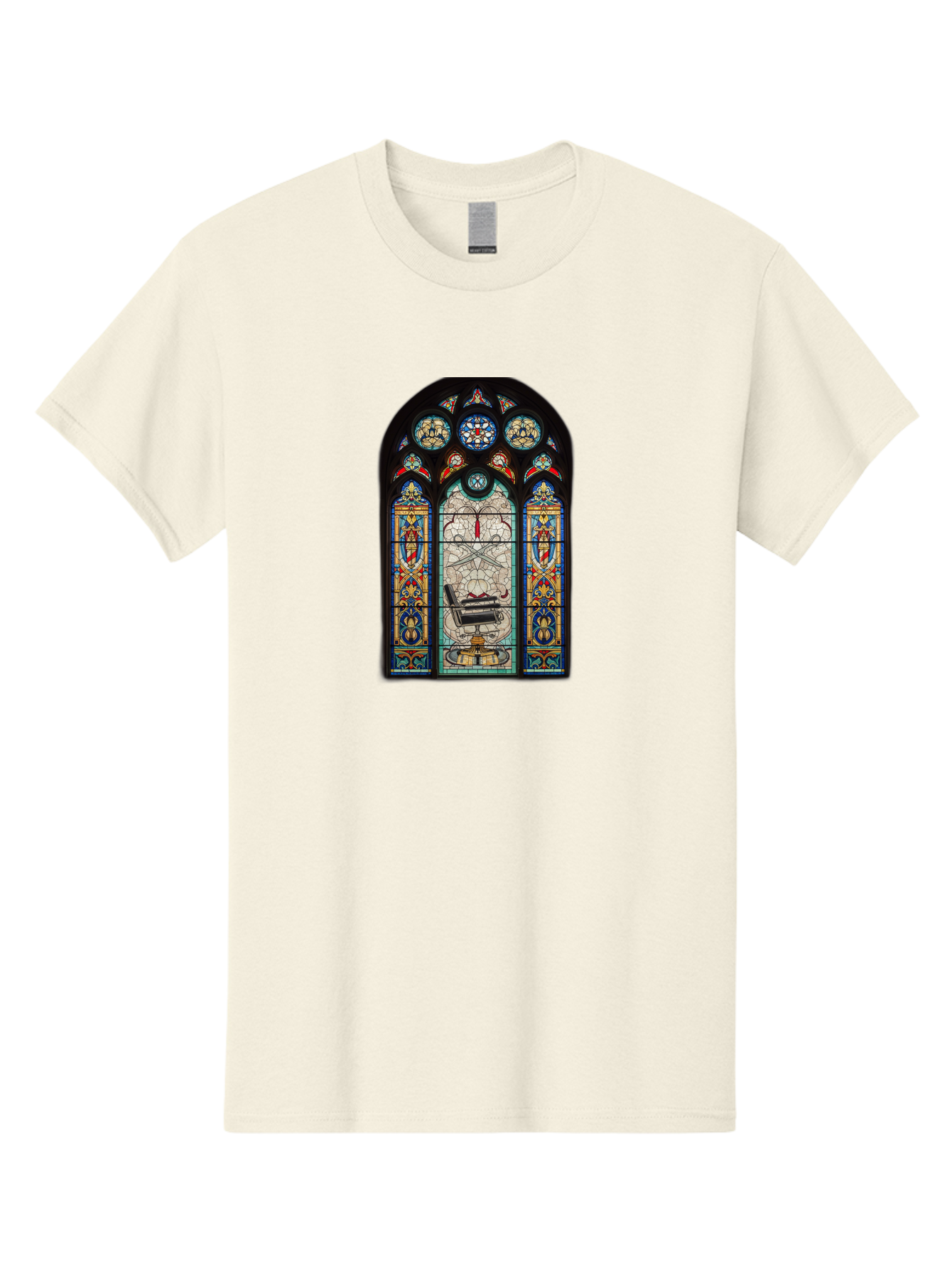 Stained-Glass-Window-With-Organ Men'S Graphic Tee, 100% Cotton, Comfortable Casual Summer Wear, Machine Washable, Stained Glass Art, Gothic Style, Religious Symbolism, Sacred Imagery, Colorful Patterns, Intricate Design, Ornate Details, Bad700