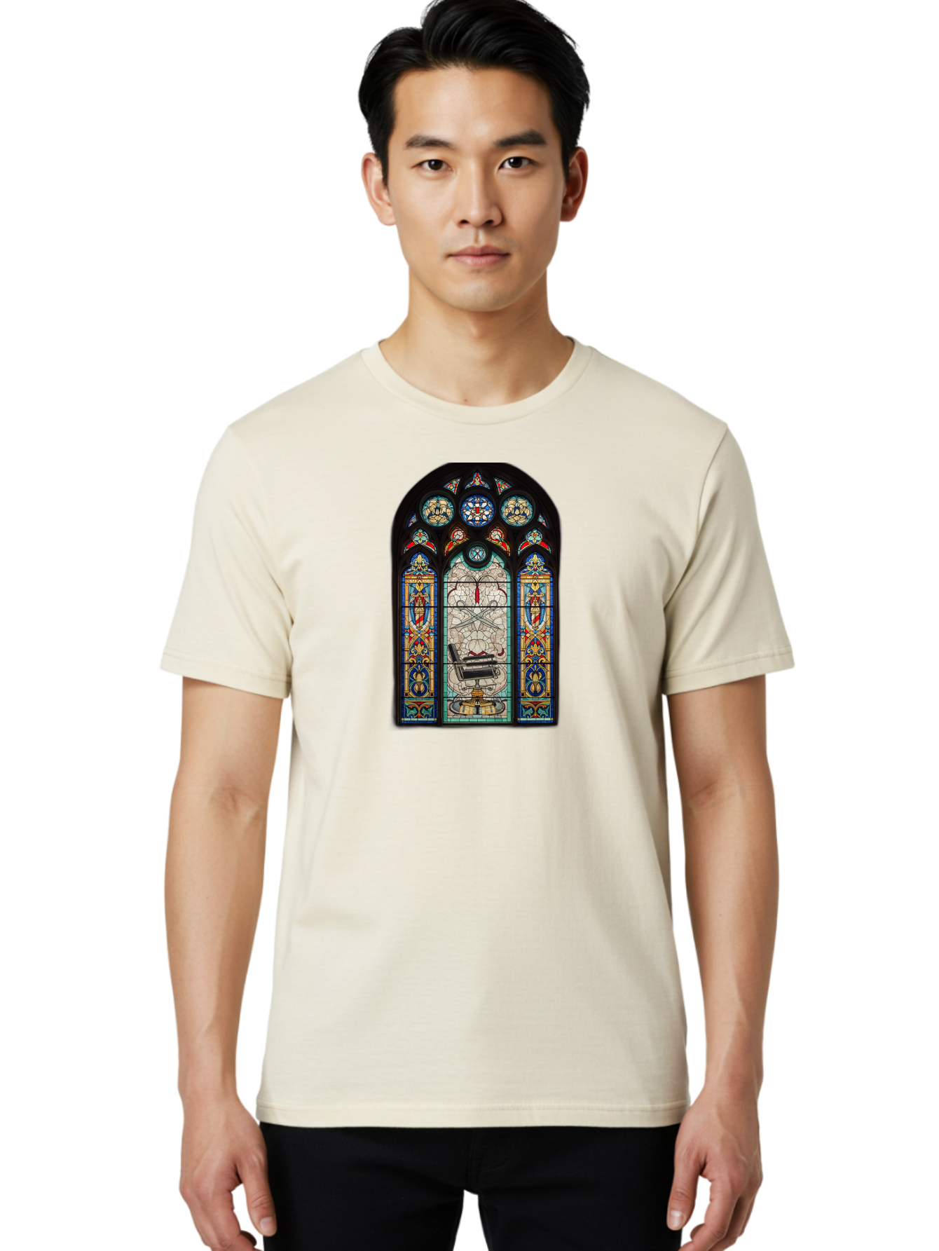 Stained-Glass-Window-With-Organ Men'S Graphic Tee, 100% Cotton, Comfortable Casual Summer Wear, Machine Washable, Stained Glass Art, Gothic Style, Religious Symbolism, Sacred Imagery, Colorful Patterns, Intricate Design, Ornate Details, Bad700